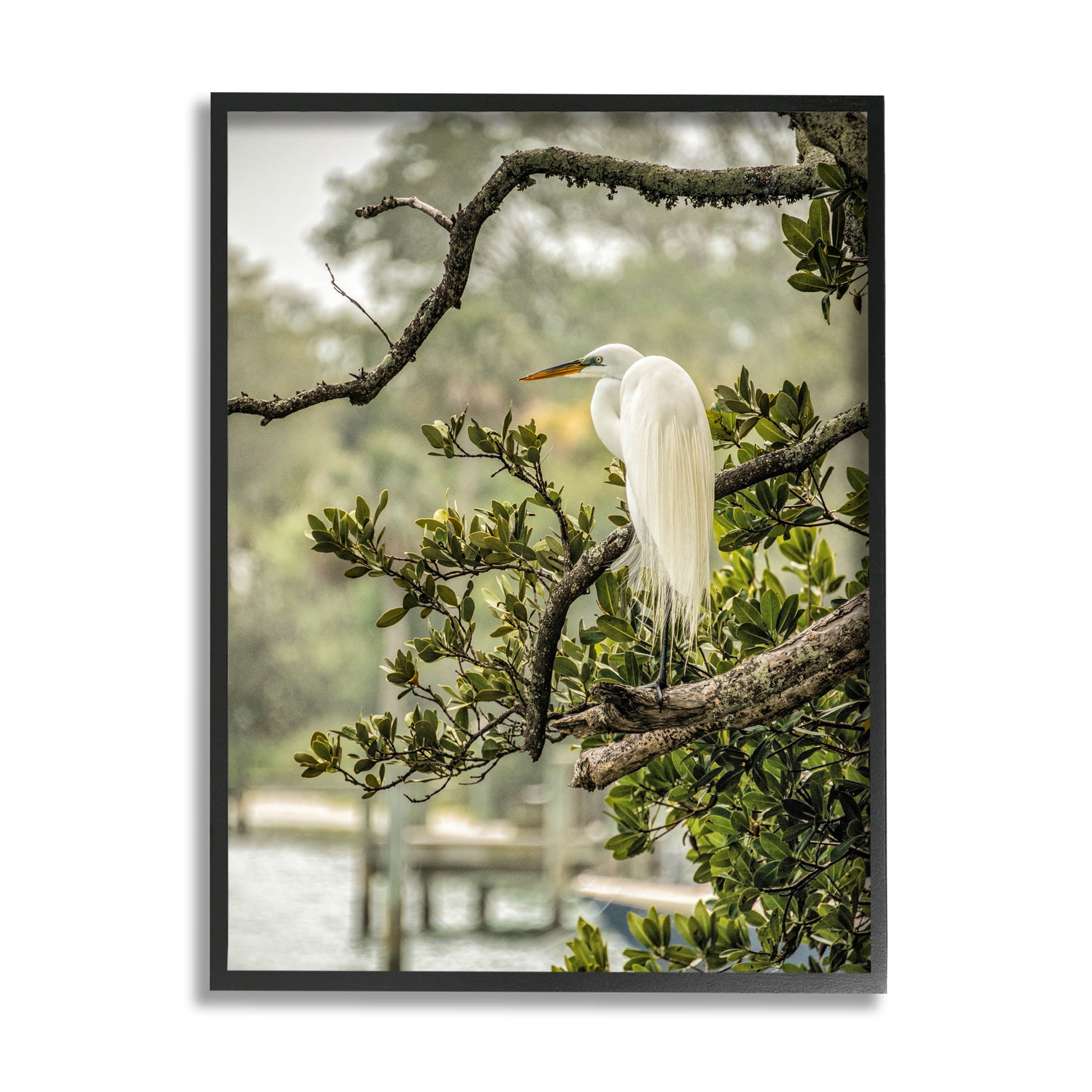 Stupell Industries Elegant Bird Perched Lakeside Tree Photograph Black Framed Art Print Wall Art, Design by Mary Lou Photography