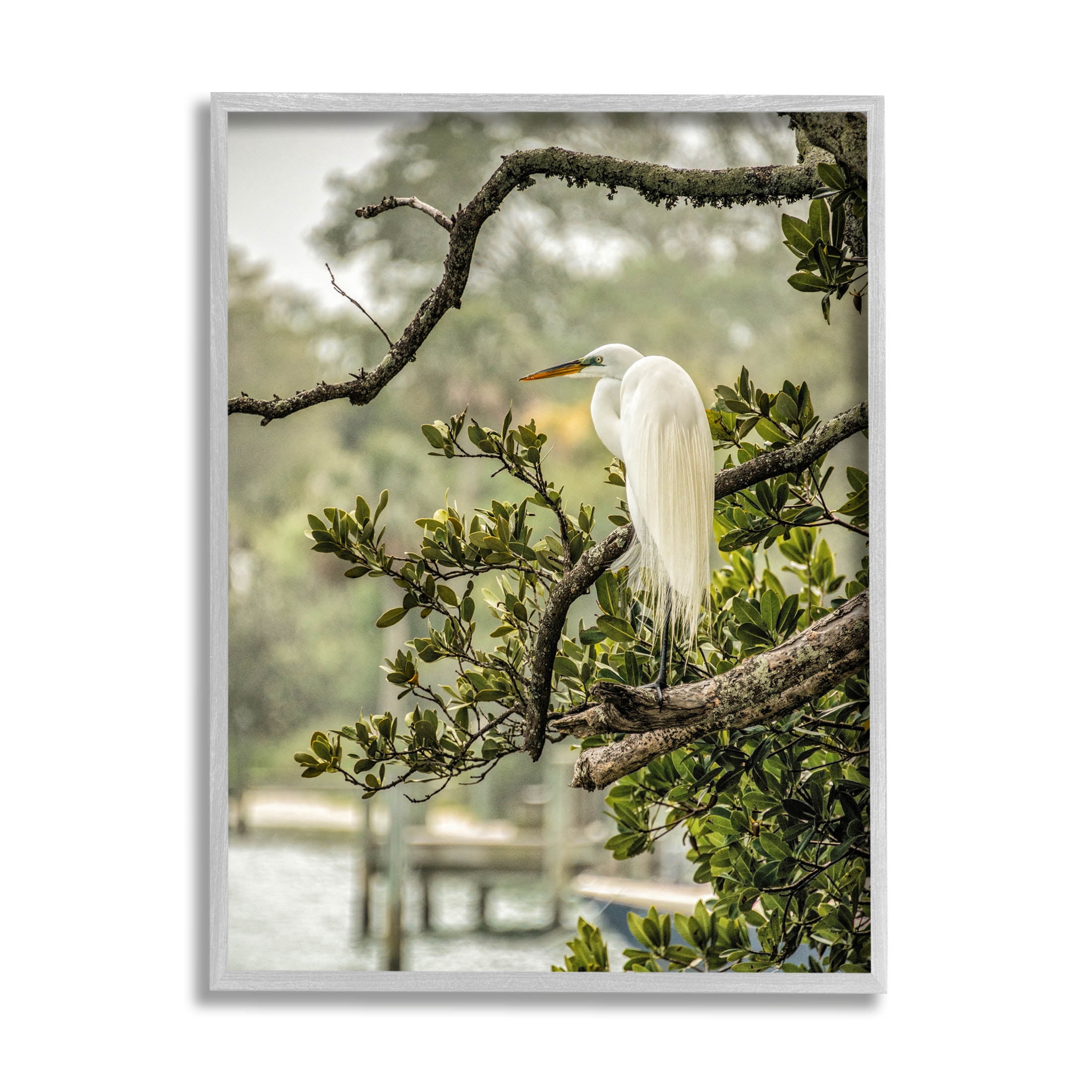 Stupell Industries Elegant Bird Perched Lakeside Tree Photograph Gray Framed Art Print Wall Art, Design by Mary Lou Photography