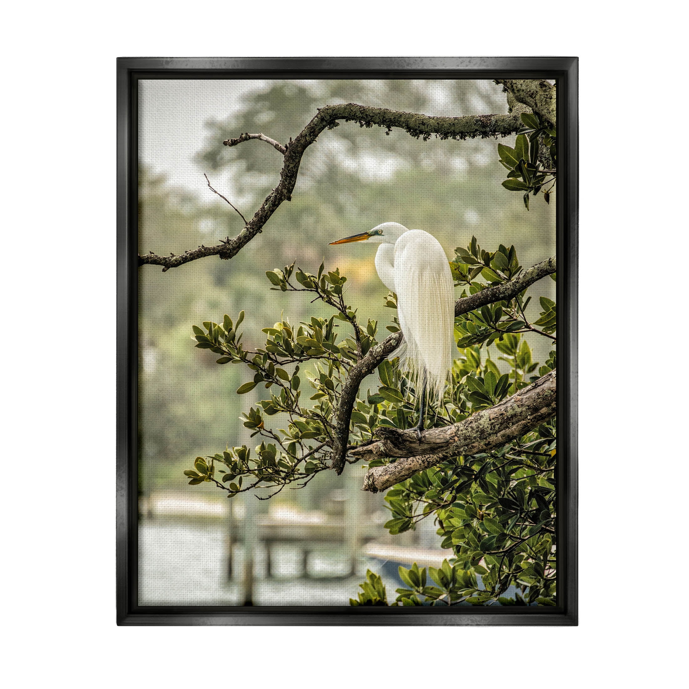 Stupell Industries Elegant Bird Perched Lakeside Tree Photograph Jet Black Floating Framed Canvas Print Wall Art, Design by Mary Lou Photography