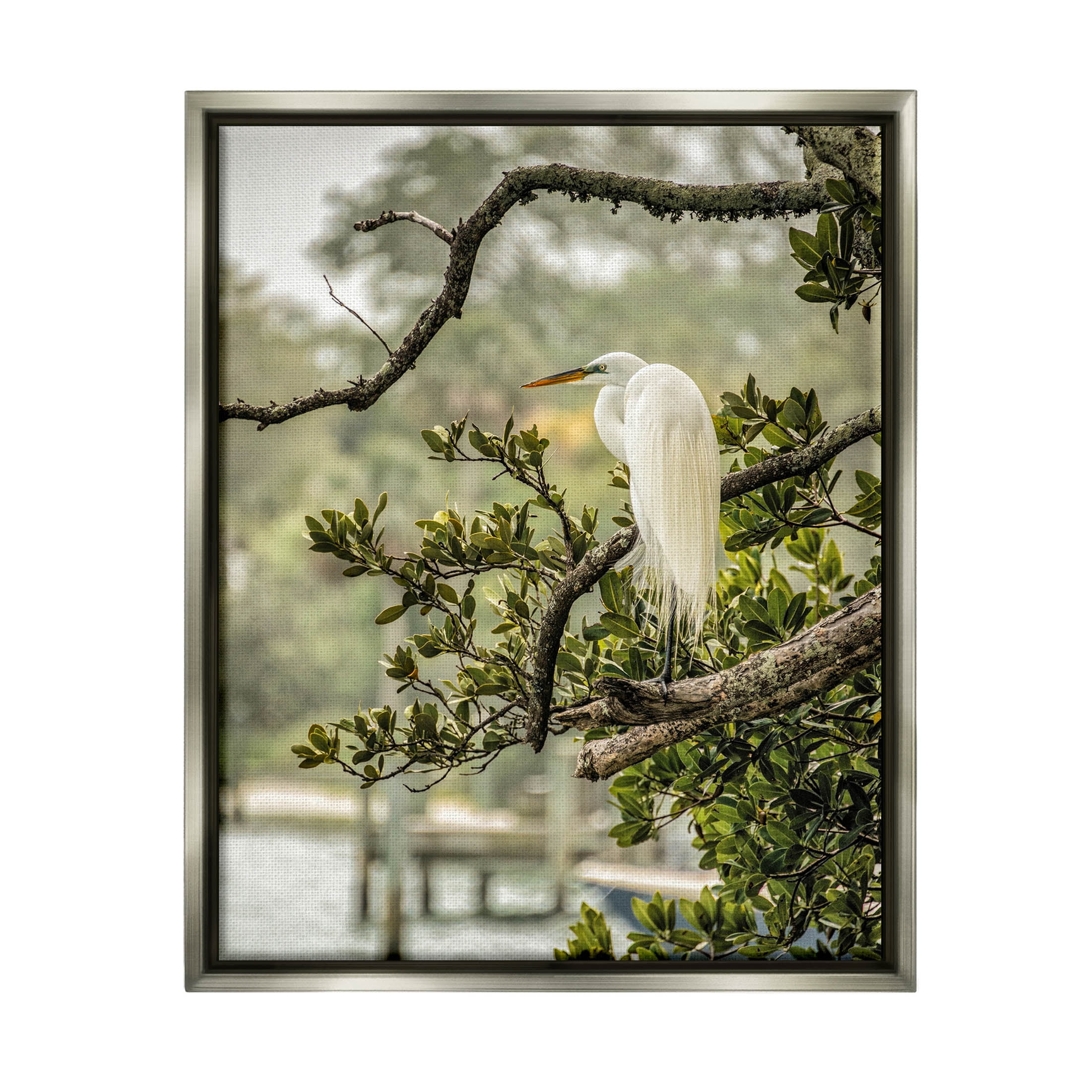 Stupell Industries Elegant Bird Perched Lakeside Tree Photograph Luster Gray Floating Framed Canvas Print Wall Art, Design by Mary Lou Photography