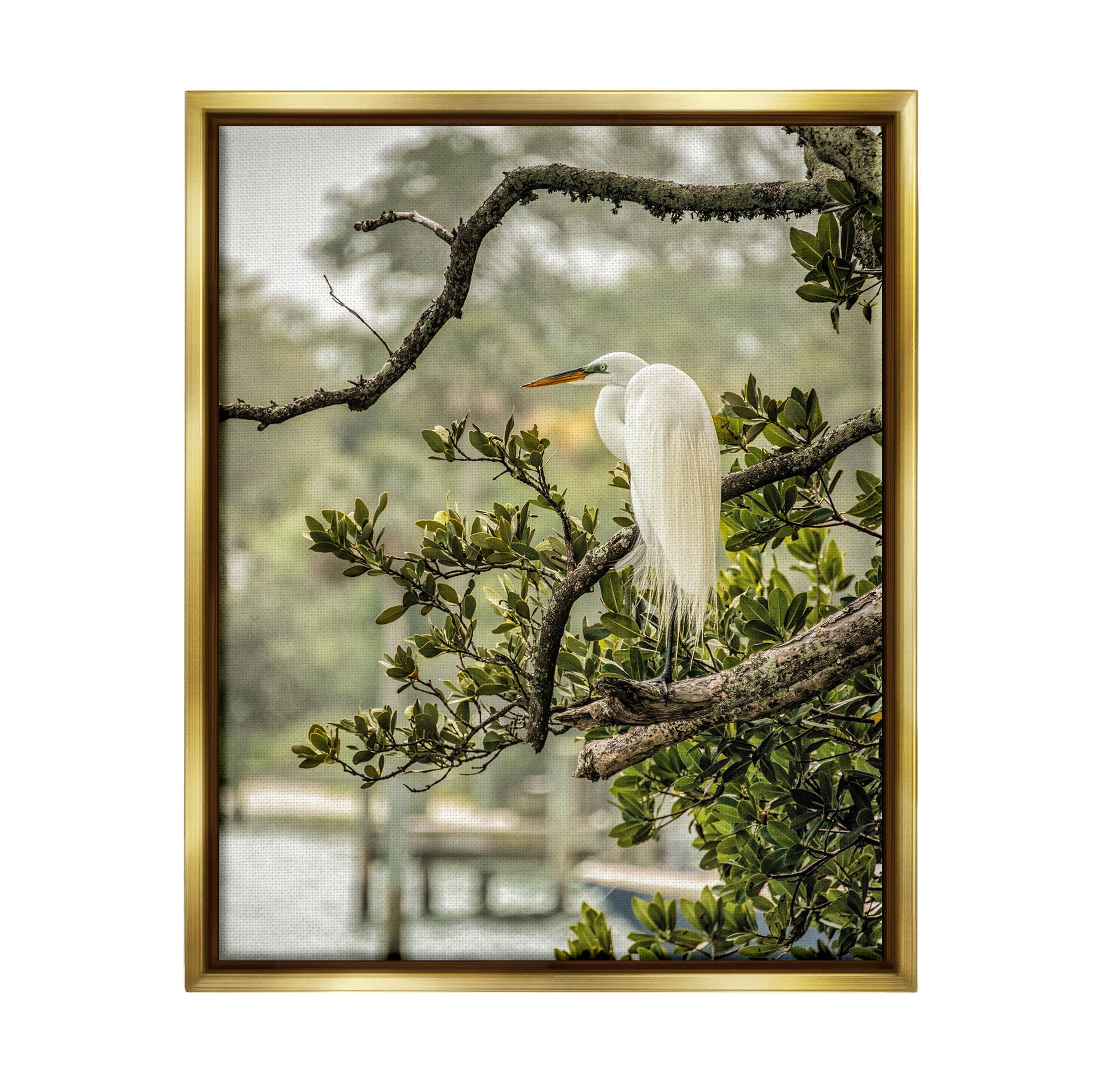 Stupell Industries Elegant Bird Perched Lakeside Tree Photograph Metallic Gold Floating Framed Canvas Print Wall Art, Design by Mary Lou Photography