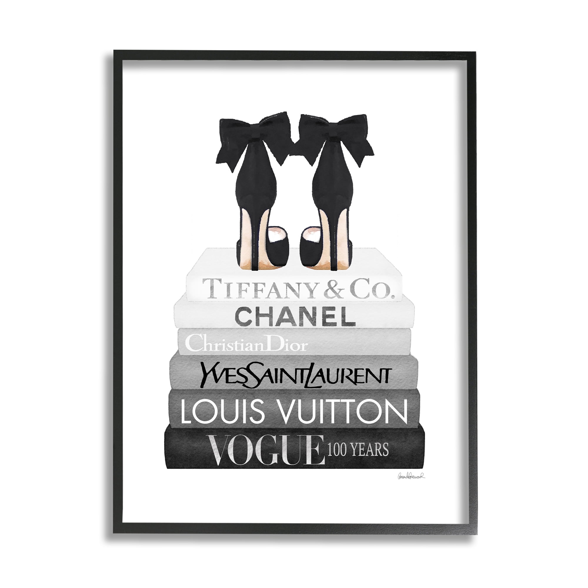 Stupell Industries Elegant Black Bow Heels Fashion Glam Bookstack Beauty & Fashion Painting Black Framed Art Print Wall Art, 24 x 30