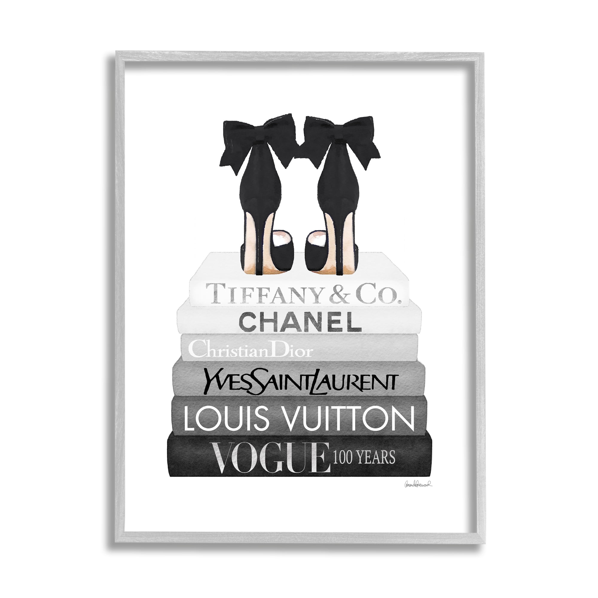 Stupell Industries Elegant Black Bow Heels Fashion Glam Bookstack Beauty & Fashion Painting Gray Framed Art Print Wall Art, 16 x 20