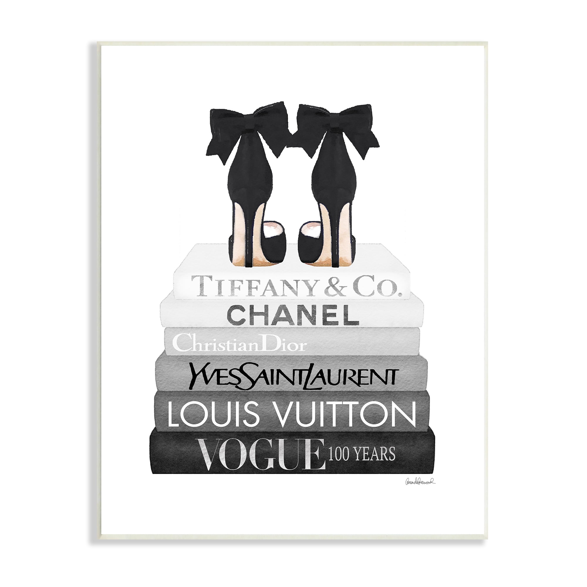 Stupell Industries Elegant Black Bow Heels Fashion Glam Bookstack Beauty & Fashion Painting Unframed Art Print Wall Art, 13 x 19