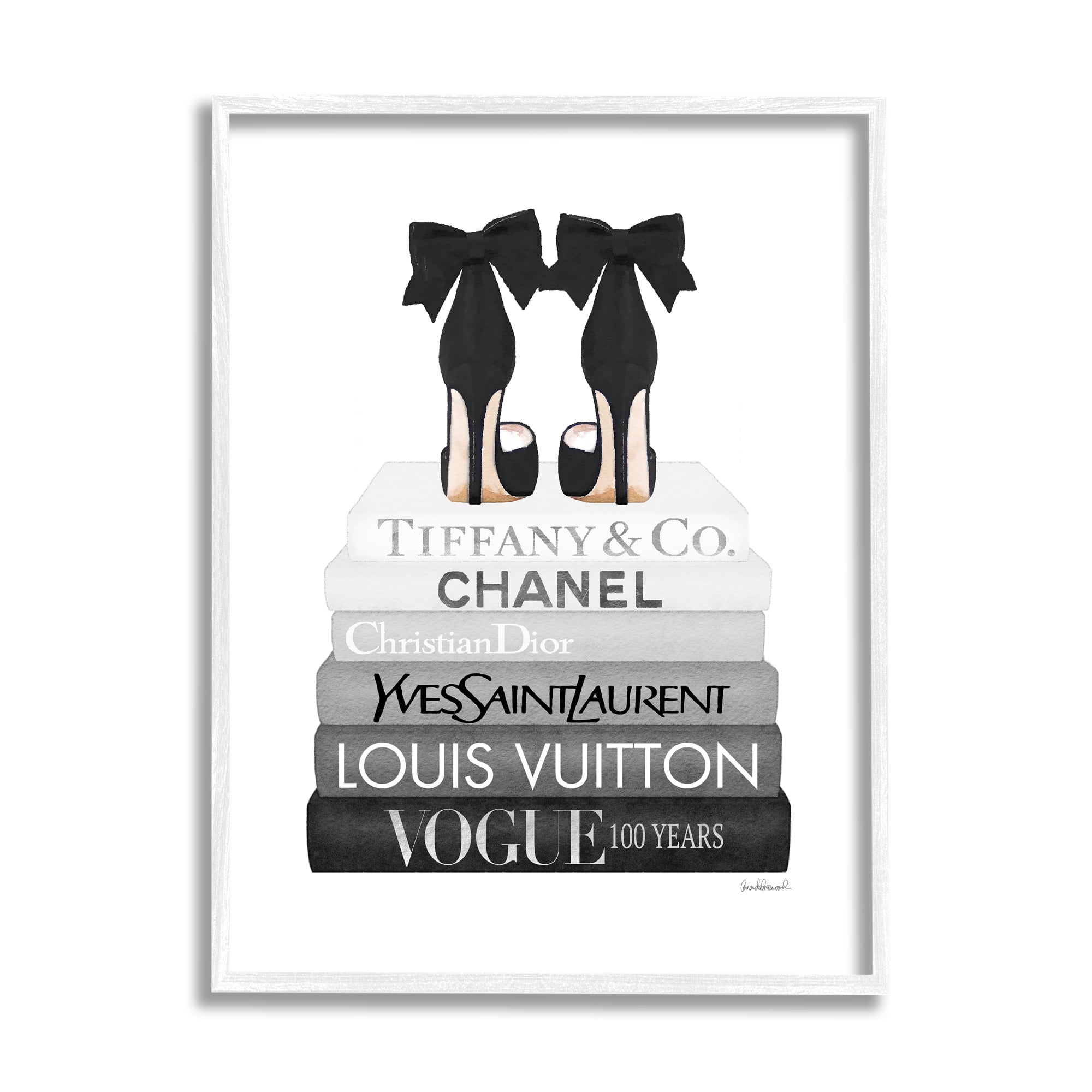 Stupell Industries Elegant Black Bow Heels Fashion Glam Bookstack Beauty & Fashion Painting White Framed Art Print Wall Art, 16 x 20