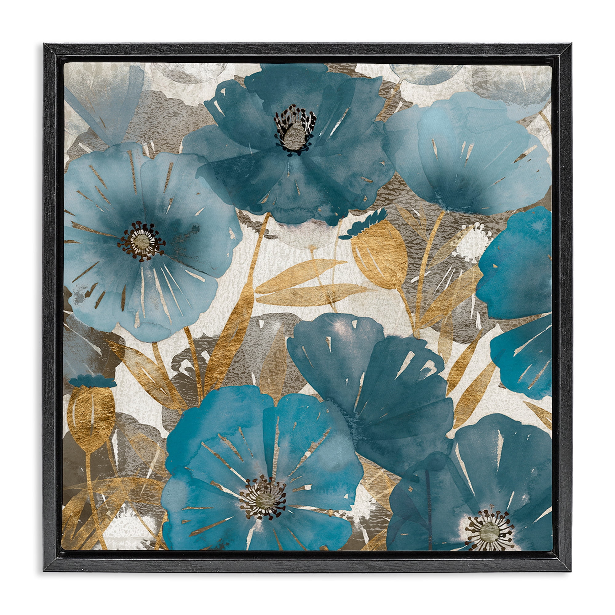 Stupell Industries Elegant Blue Florals Abstract Botanical & Floral Painting Black Floater Framed Canvas Art Print Wall Art, 25 x 25