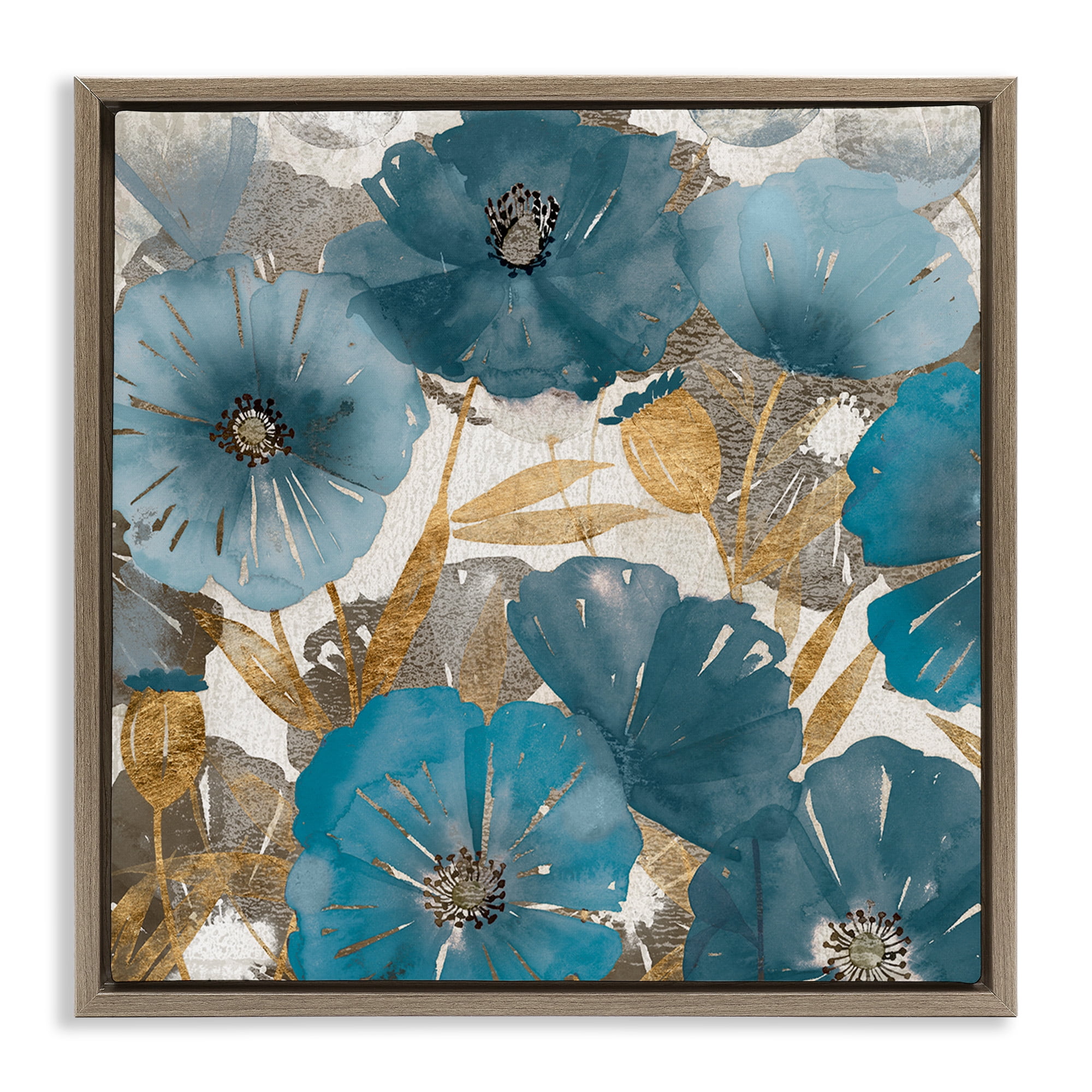 Stupell Industries Elegant Blue Florals Abstract Botanical & Floral Painting Brown Floater Framed Canvas Art Print Wall Art, 18 x 18