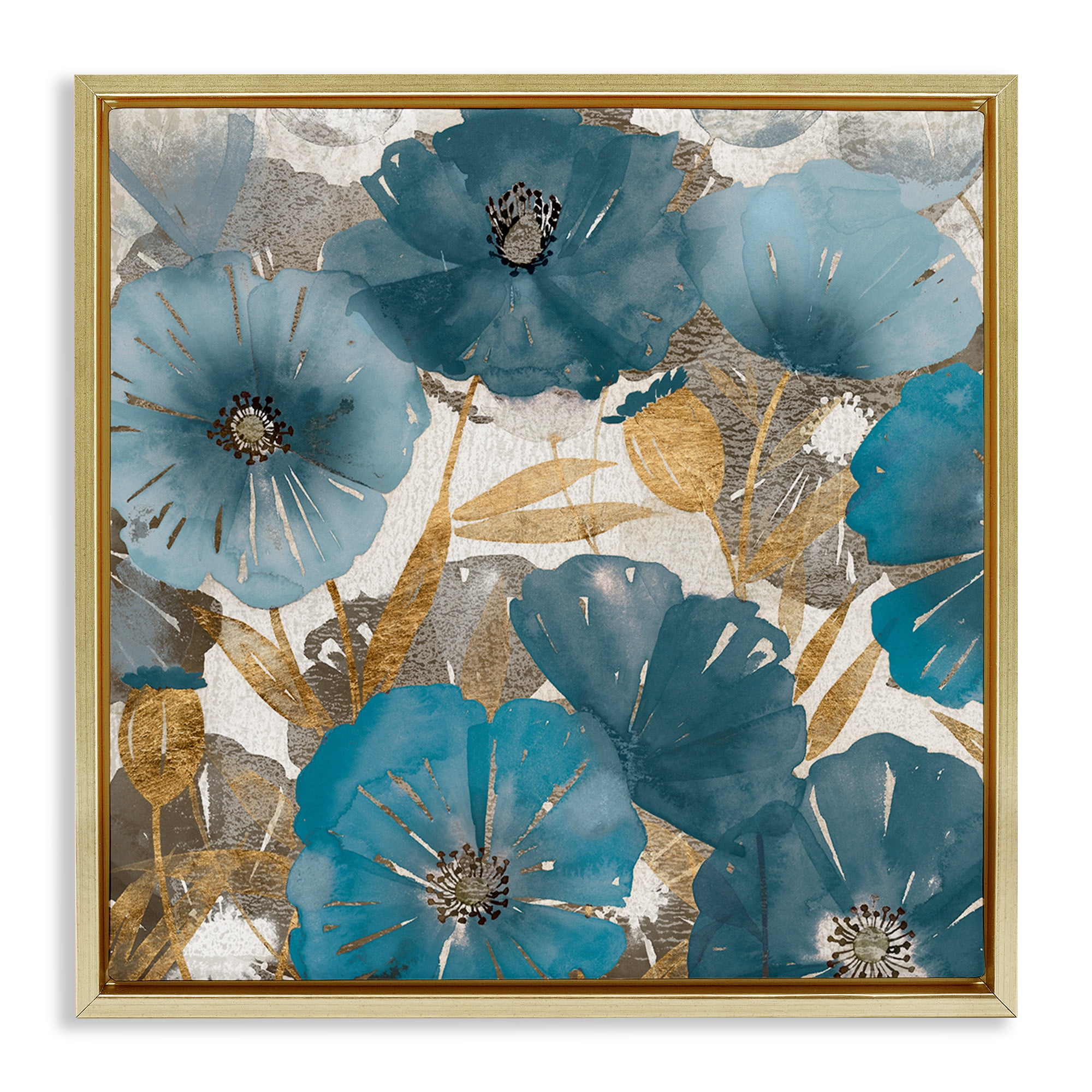 Stupell Industries Elegant Blue Florals Abstract Botanical & Floral Painting Gold Floater Framed Canvas Art Print Wall Art, 18 x 18