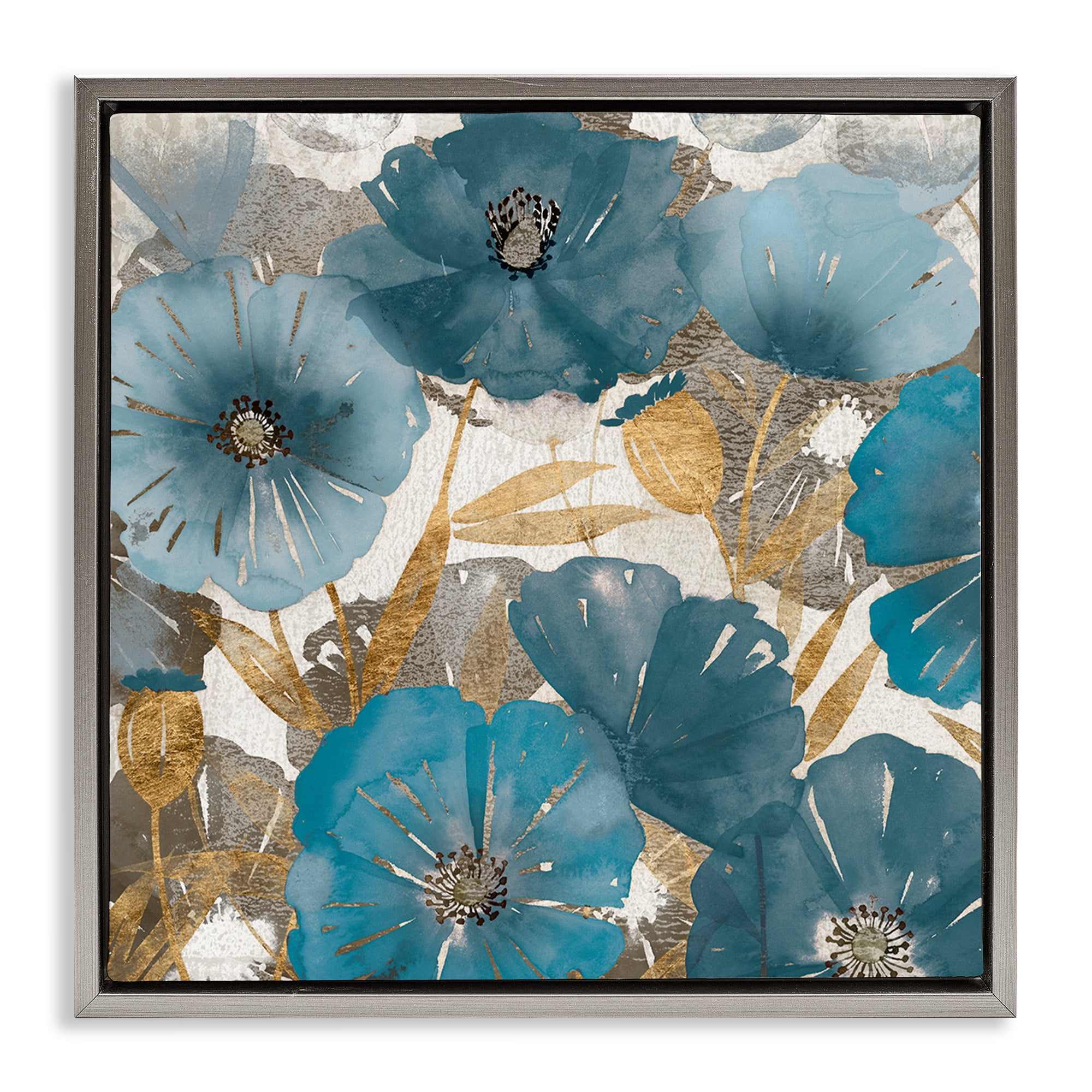 Stupell Industries Elegant Blue Florals Abstract Botanical & Floral Painting Gray Floater Framed Canvas Art Print Wall Art, 18 x 18