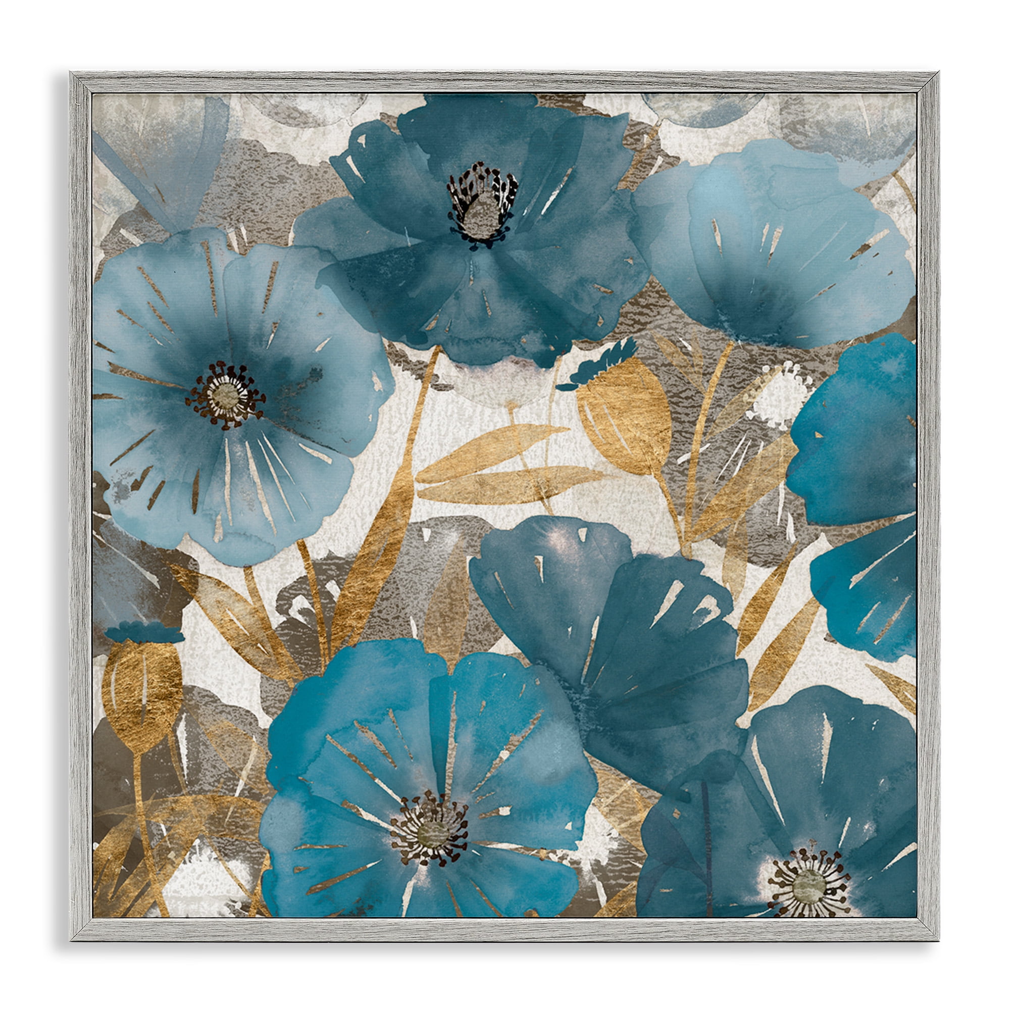 Stupell Industries Elegant Blue Florals Abstract Botanical & Floral Painting Gray Framed Art Print Wall Art, 12 x 12