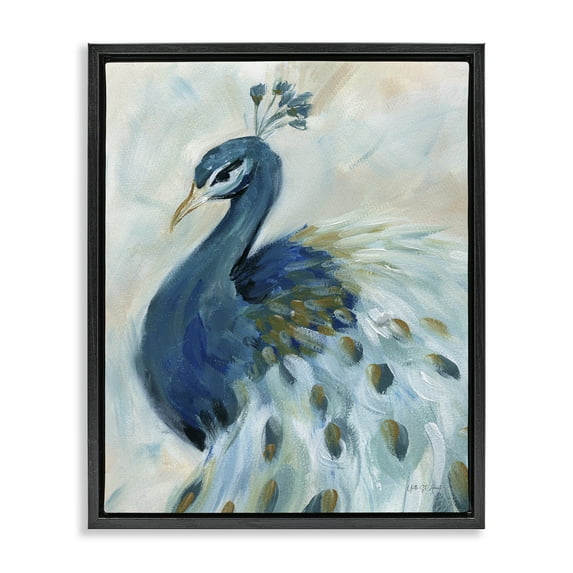 Stupell Industries Elegant Blue Peacock Animals & Insects Painting Black Floater Framed Canvas Art Print Wall Art, 17 x 21