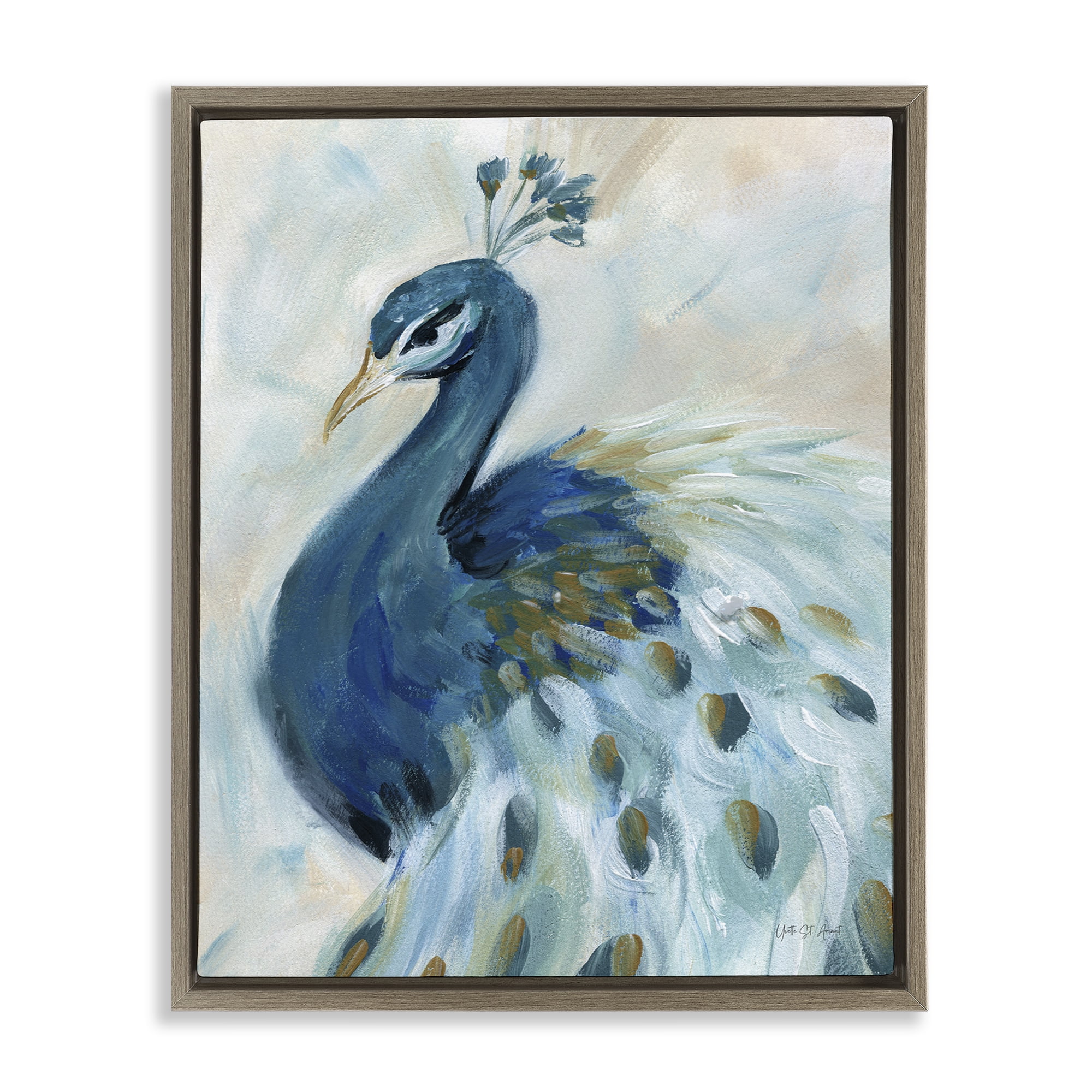 Stupell Industries Elegant Blue Peacock Animals & Insects Painting Brown Floater Framed Canvas Art Print Wall Art, 25 x 31