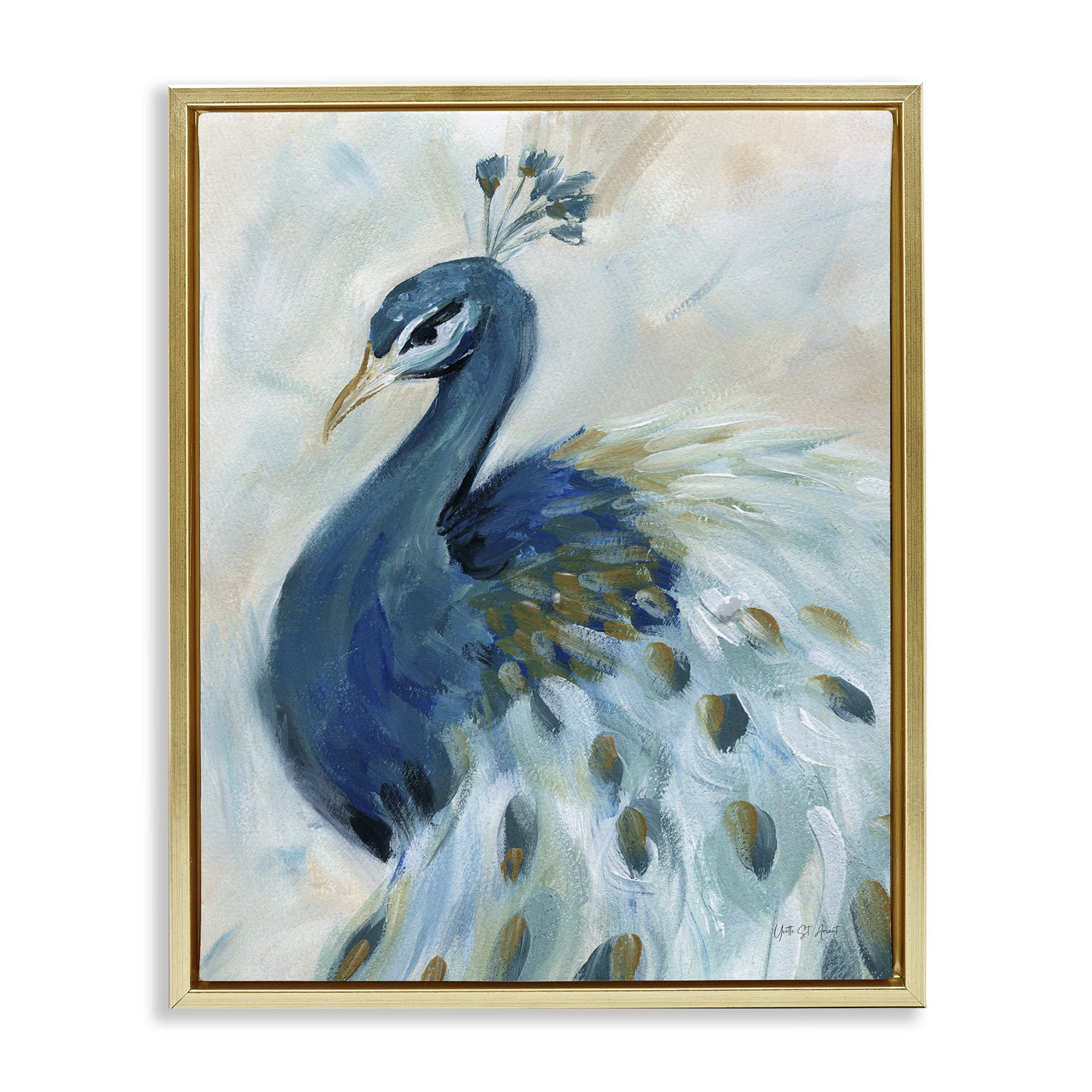 Stupell Industries Elegant Blue Peacock Animals & Insects Painting Gold Floater Framed Canvas Art Print Wall Art, 17 x 21