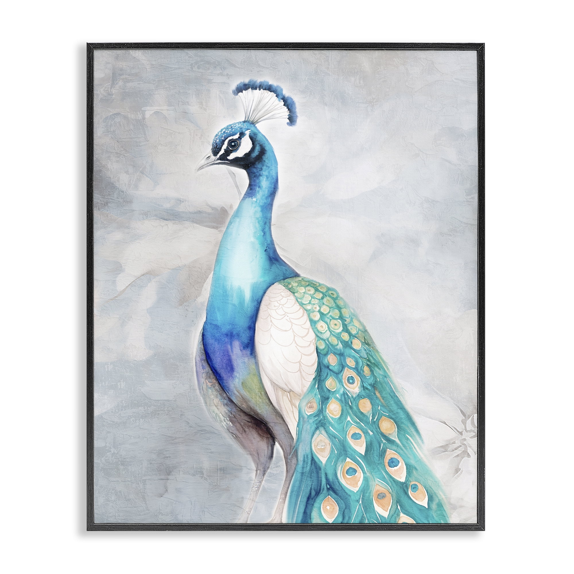 Stupell Industries Elegant Blue Peacock Animals Painting Black Framed Art Print Wall Art, 24 x 30
