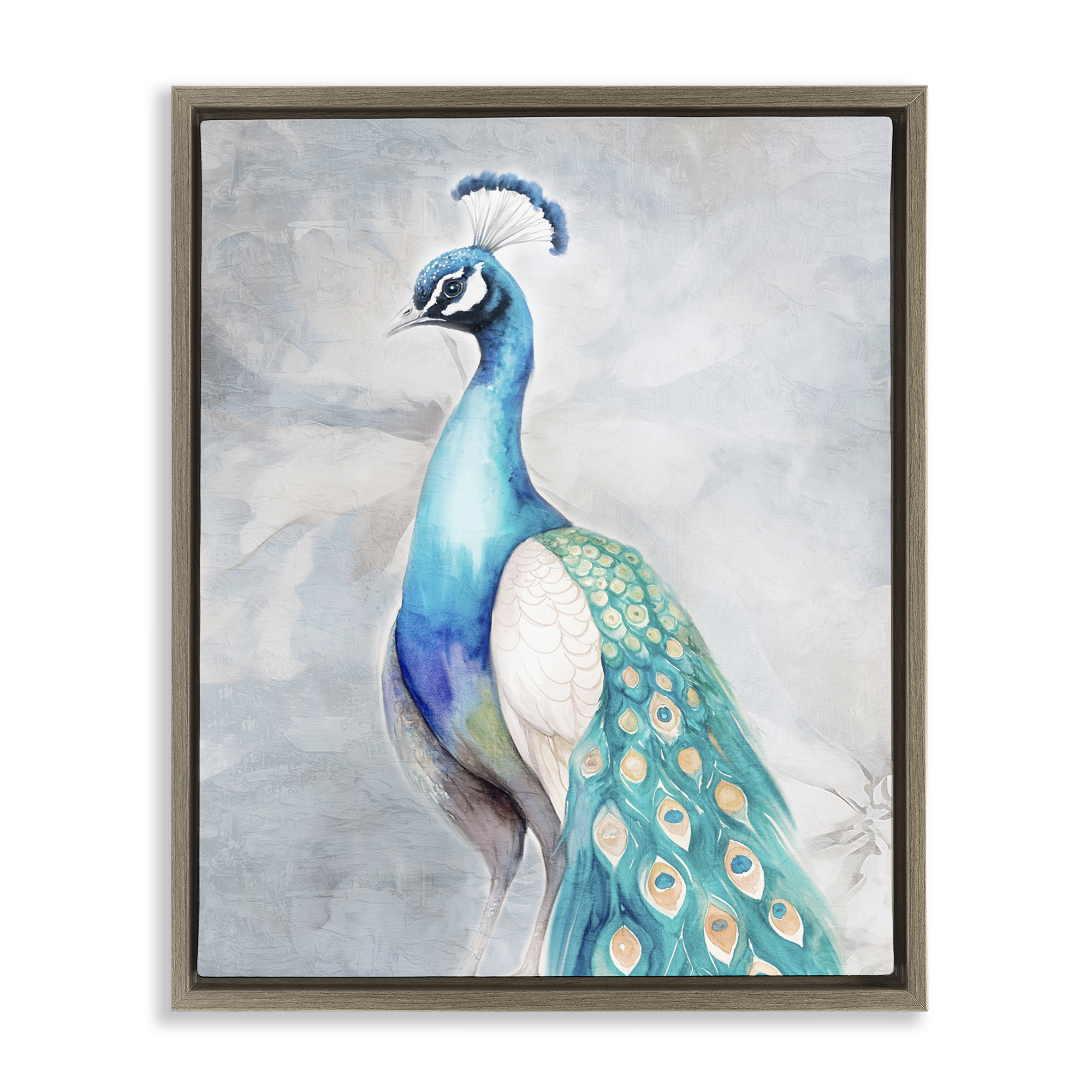 Stupell Industries Elegant Blue Peacock Animals Painting Brown Floater Framed Canvas Art Print Wall Art, 17 x 21