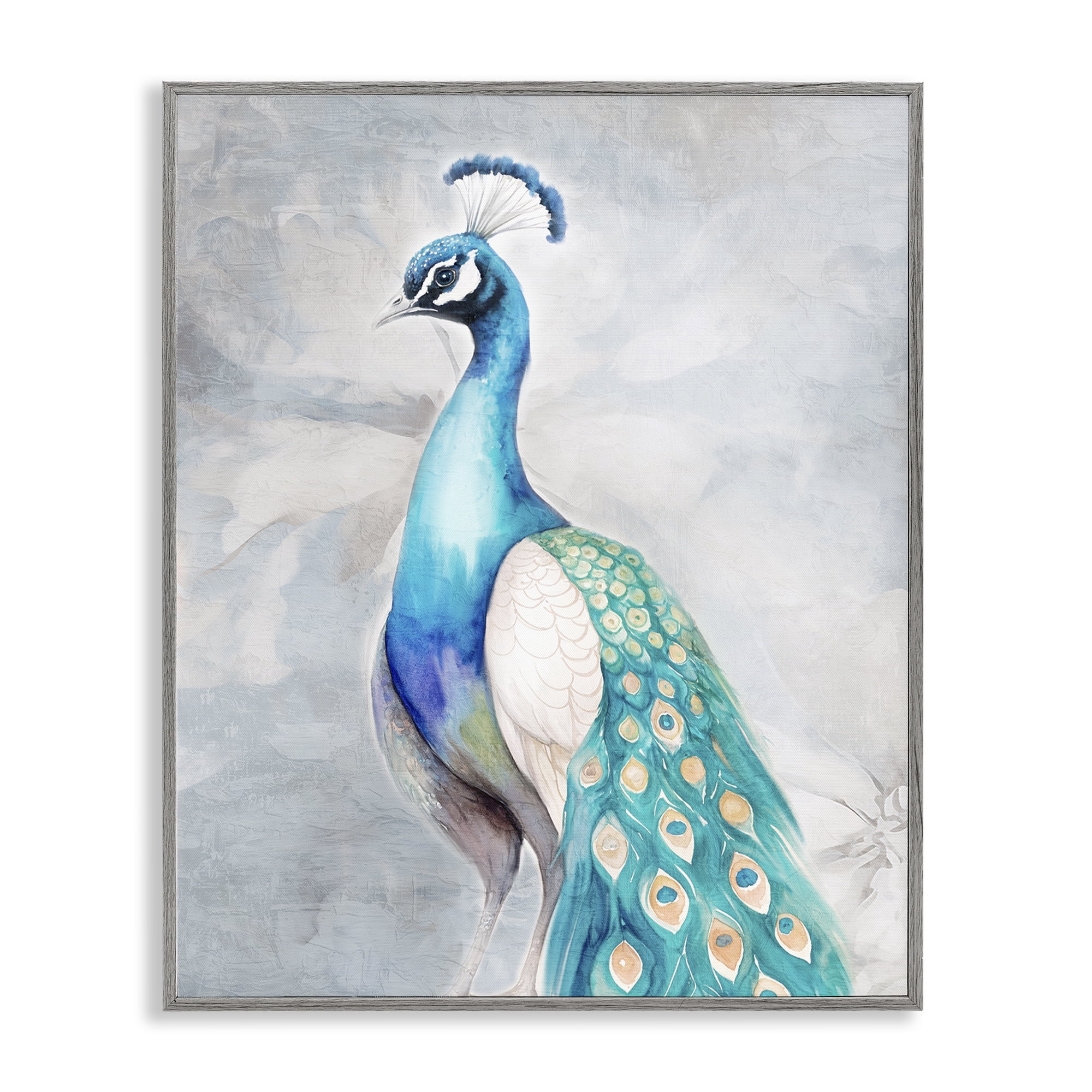 Stupell Industries Elegant Blue Peacock Animals Painting Gray Framed Art Print Wall Art, 11 x 14