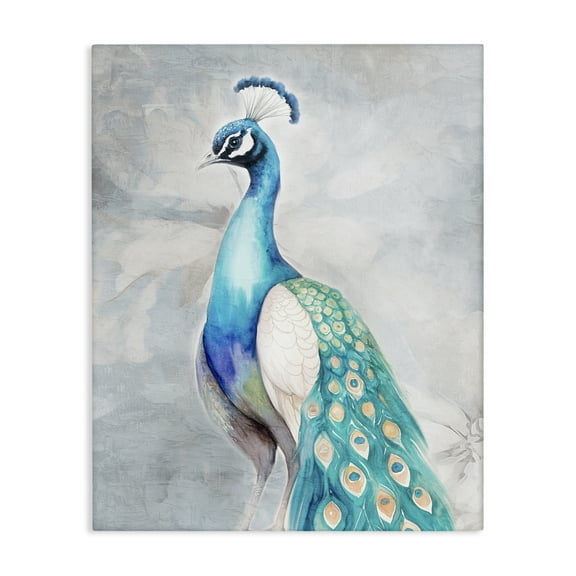 Stupell Industries Elegant Blue Peacock Animals Painting Wrapped Canvas Art Print Wall Art, 16 x 20