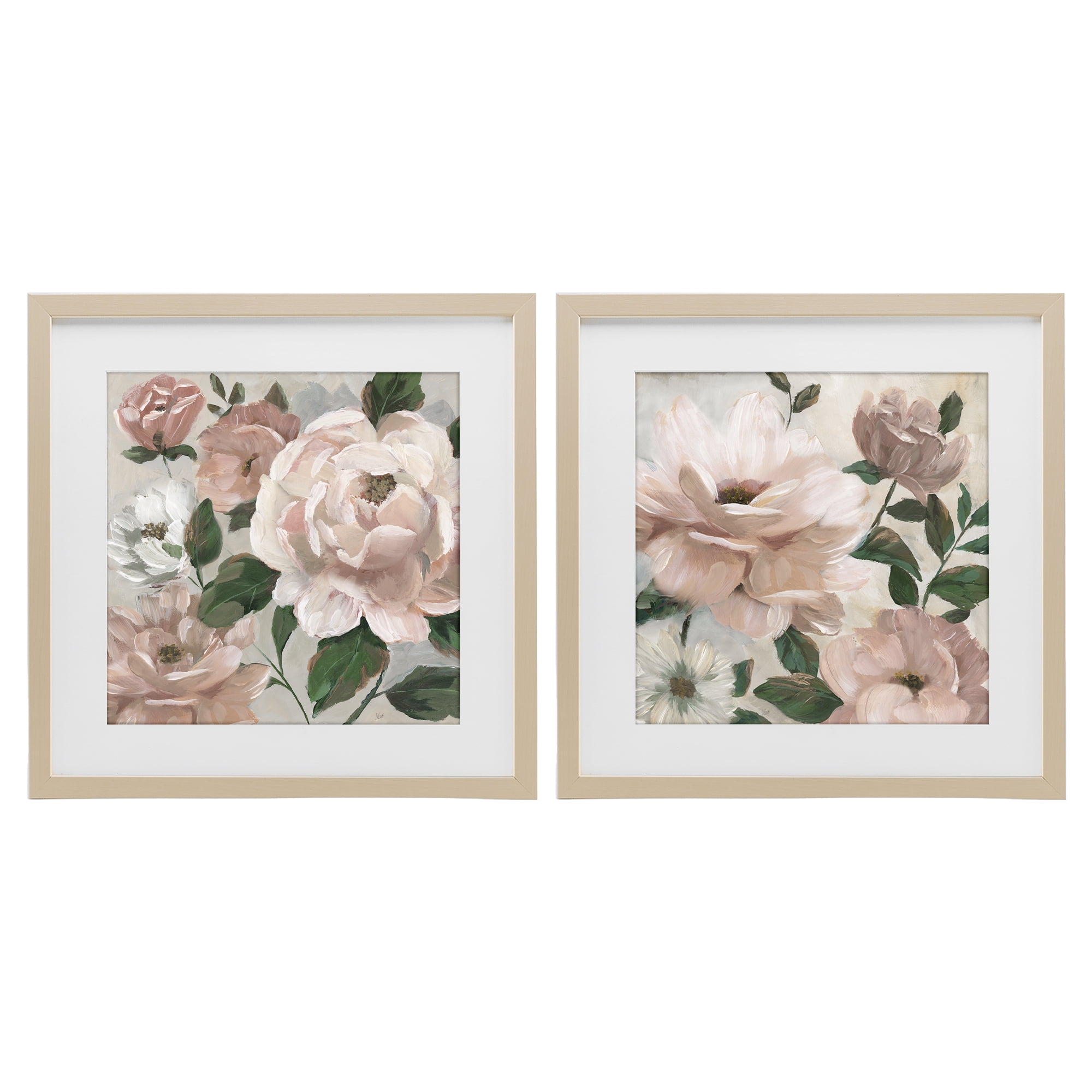 Stupell Industries Elegant Blush Peonies & Leaves 2 Piece Birch Framed Print Under Glass Set, design by Nan