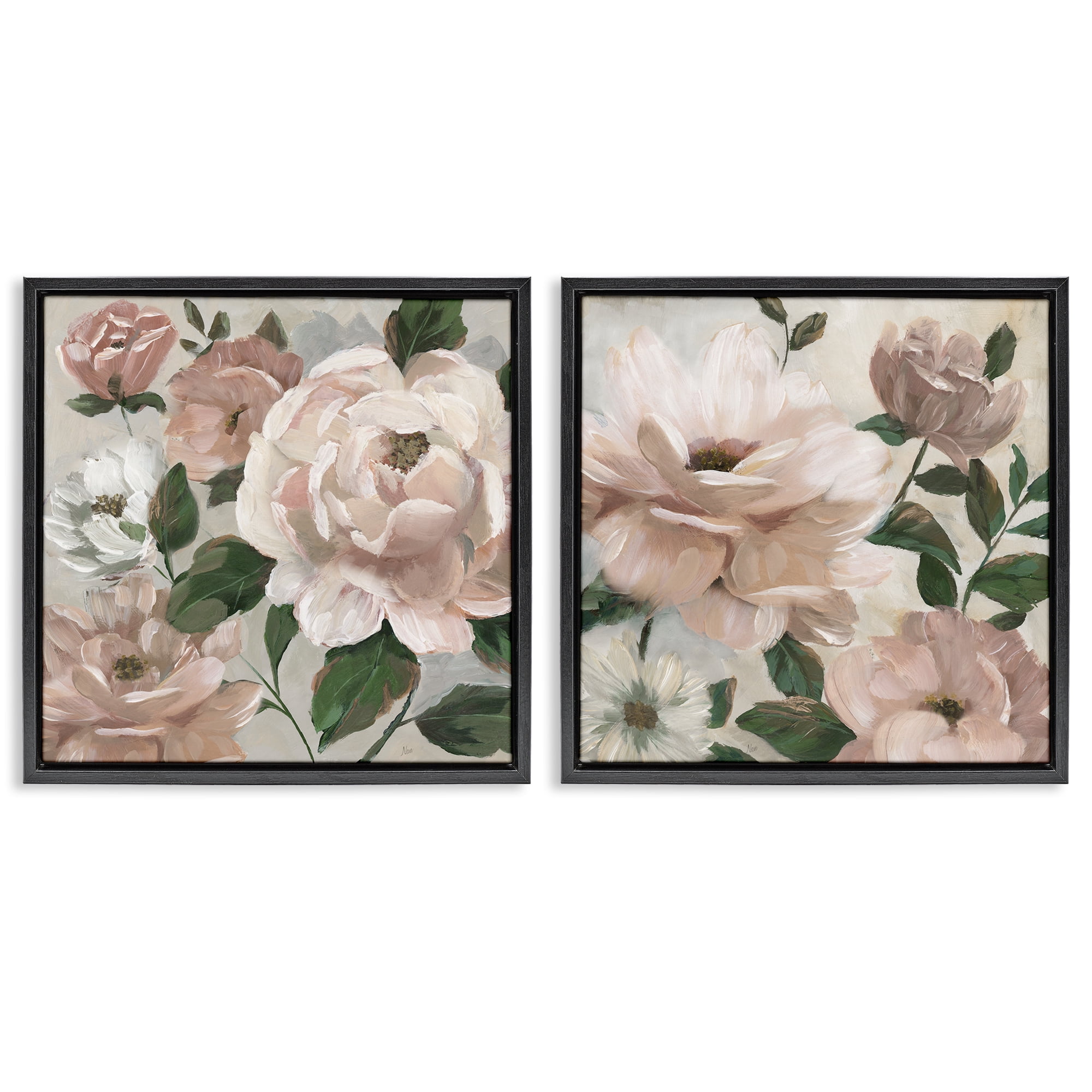 Stupell Industries Elegant Blush Peonies & Leaves 2 Piece Black Framed Floater Canvas Set, design by Nan