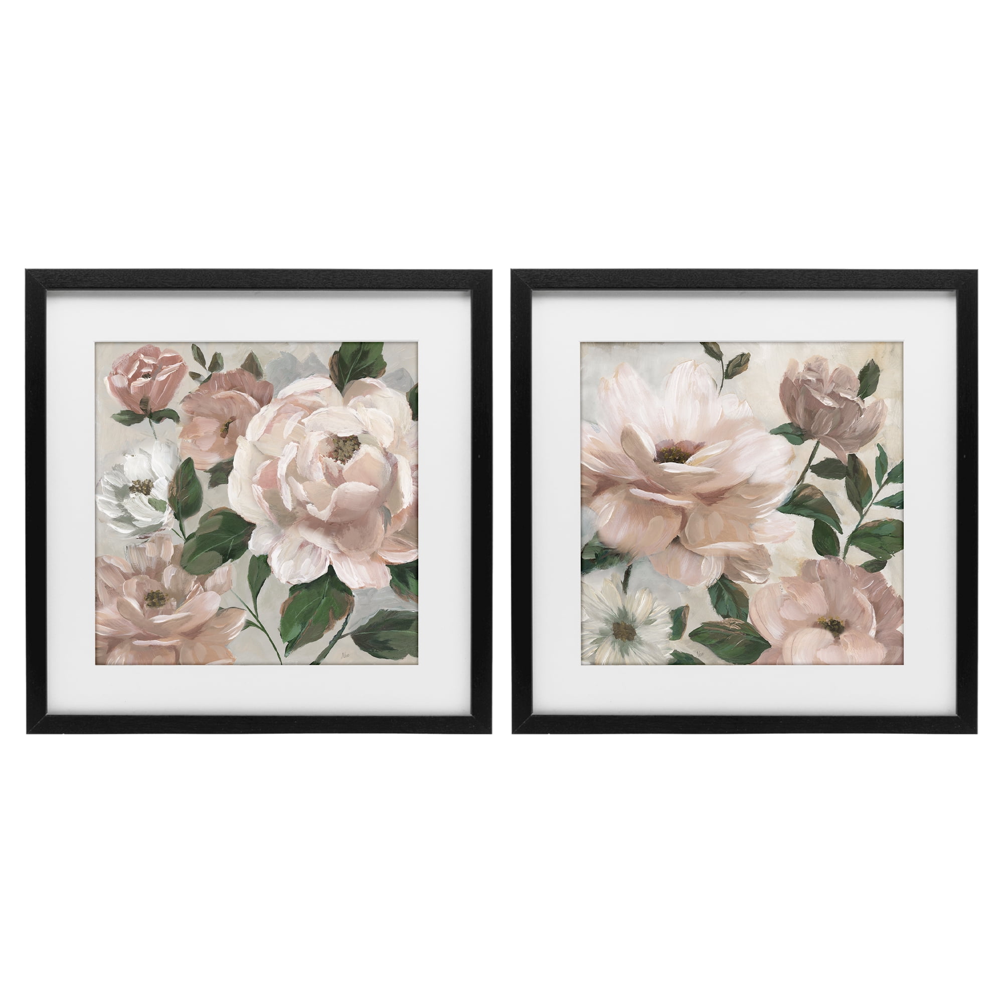 Stupell Industries Elegant Blush Peonies & Leaves 2 Piece Black Framed Print Under Glass Set, design by Nan