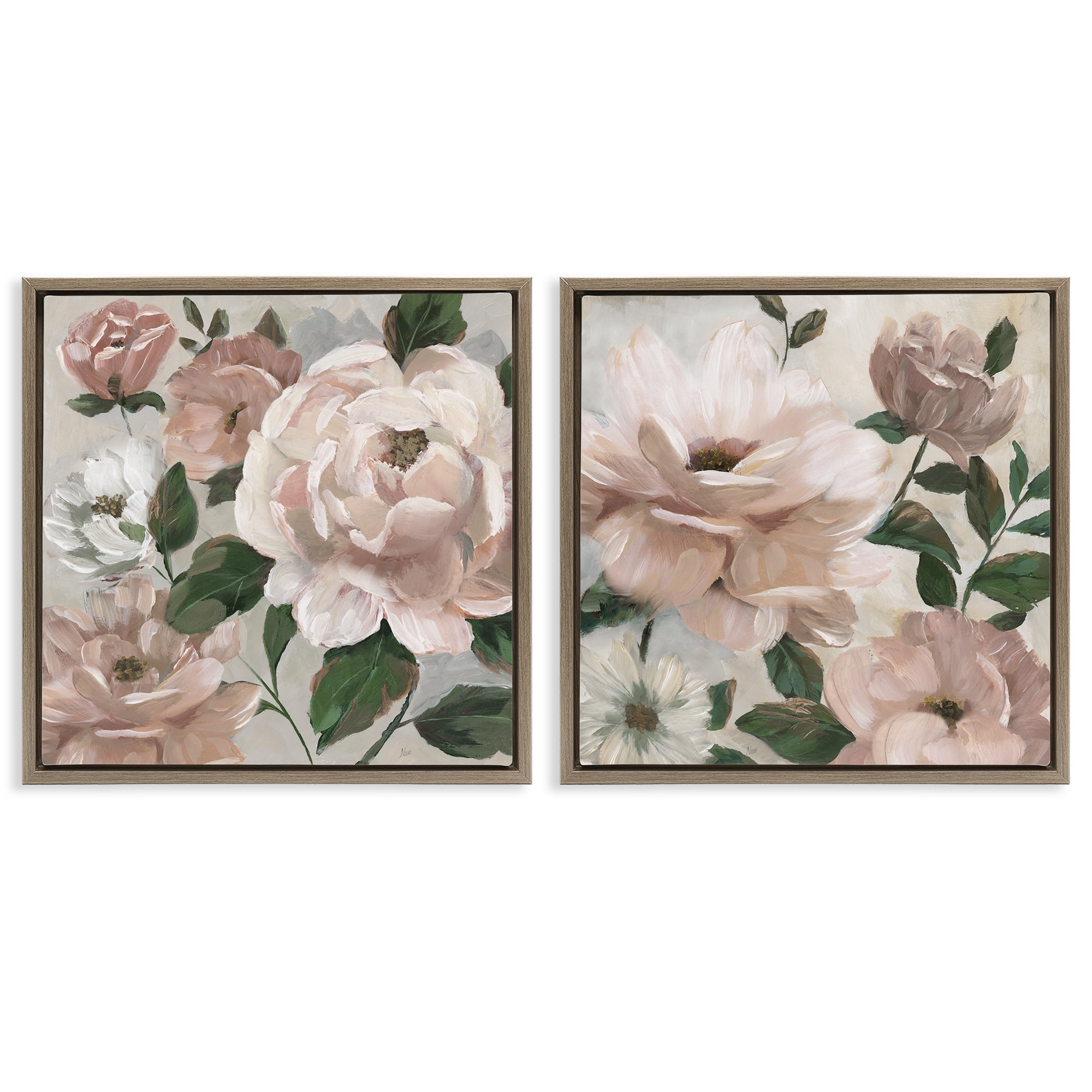 Stupell Industries Elegant Blush Peonies & Leaves 2 Piece Brown Framed Floater Canvas Set, design by Nan