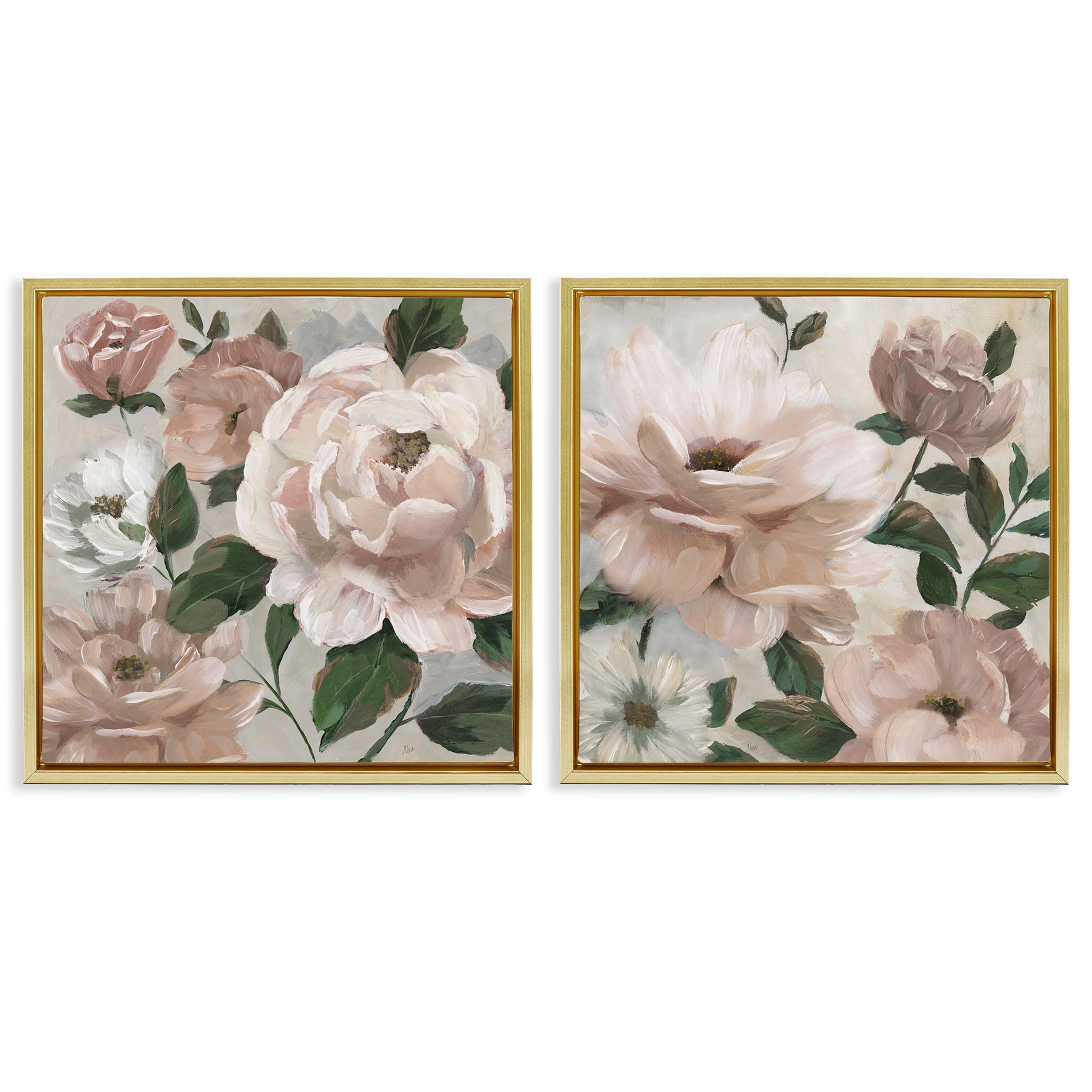 Stupell Industries Elegant Blush Peonies & Leaves 2 Piece Gold Framed Floater Canvas Set, design by Nan