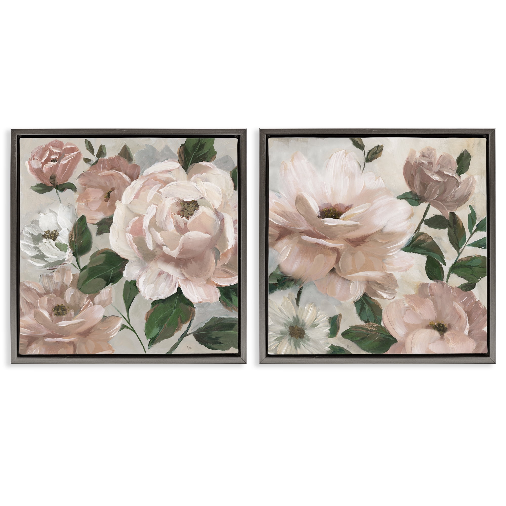 Stupell Industries Elegant Blush Peonies & Leaves 2 Piece Gray Framed Floater Canvas Set, design by Nan