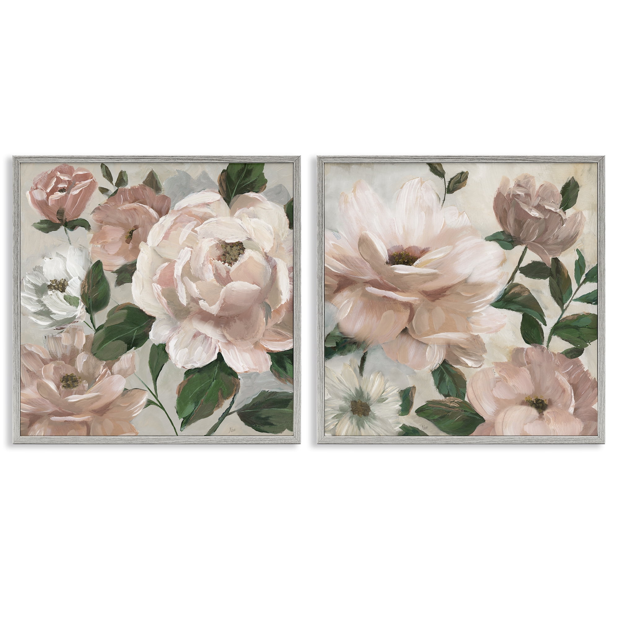 Stupell Industries Elegant Blush Peonies & Leaves 2 Piece Gray Framed Giclee Art Set, design by Nan