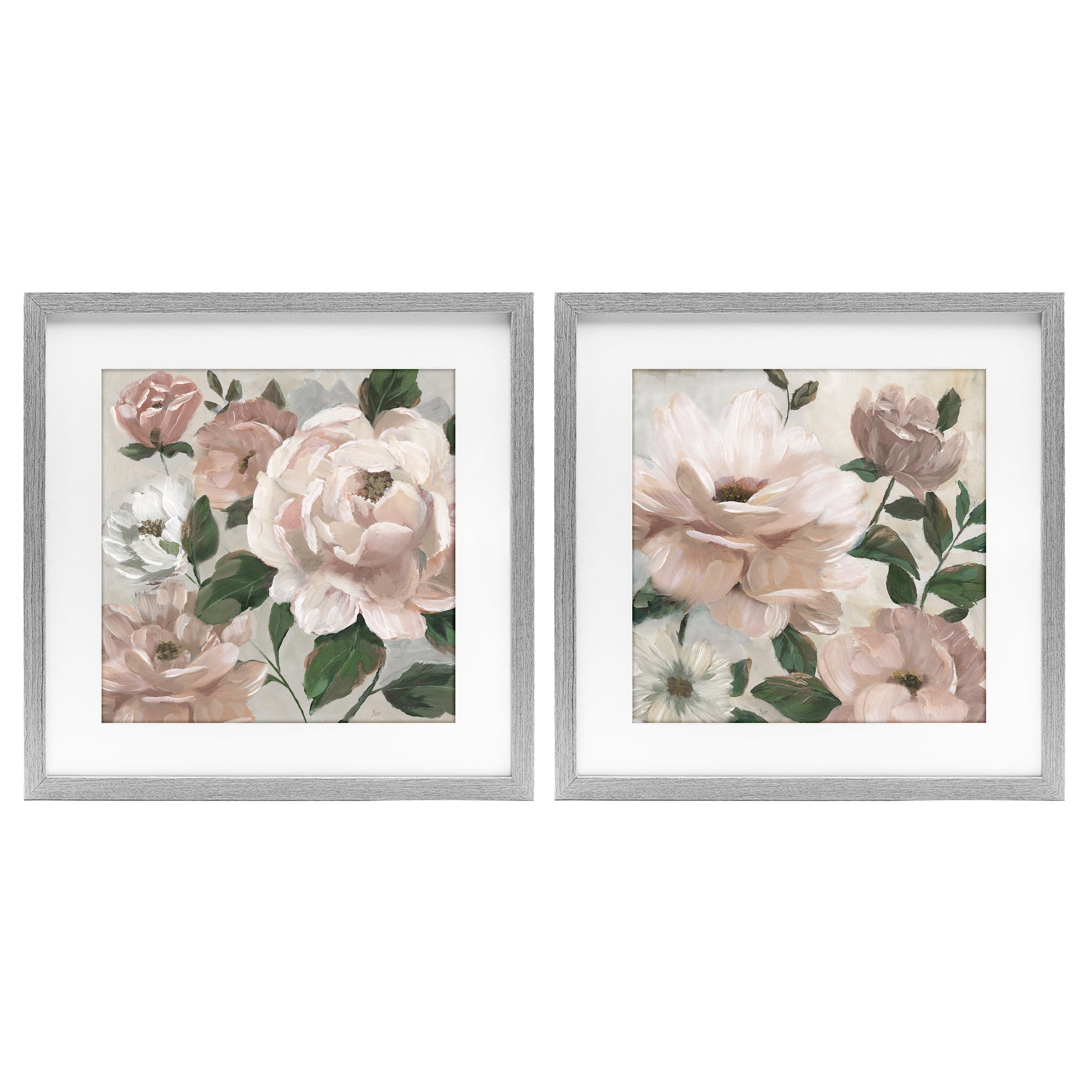 Stupell Industries Elegant Blush Peonies & Leaves 2 Piece Gray Framed Print Under Glass Set, design by Nan