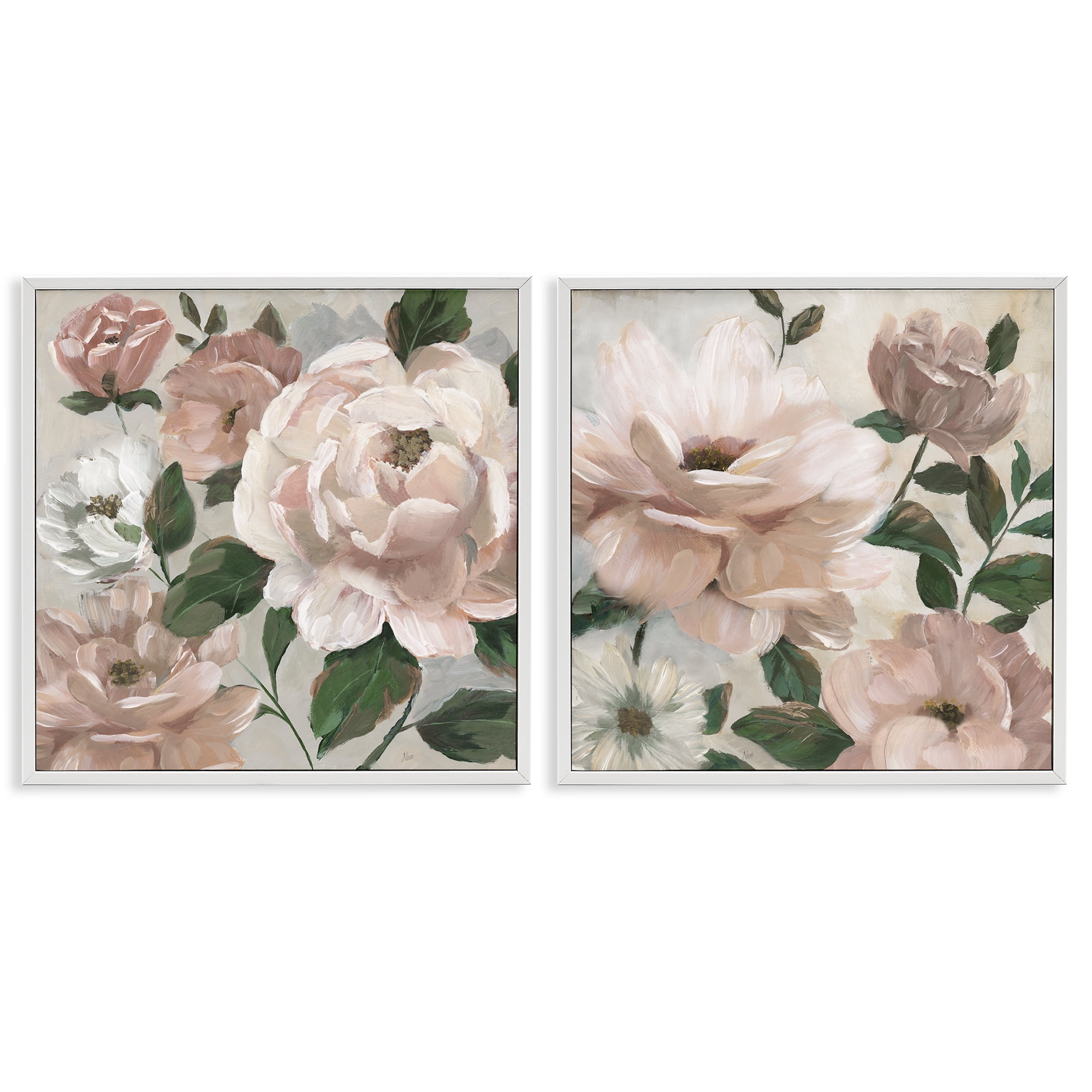 Stupell Industries Elegant Blush Peonies & Leaves 2 Piece White Framed Giclee Art Set, design by Nan