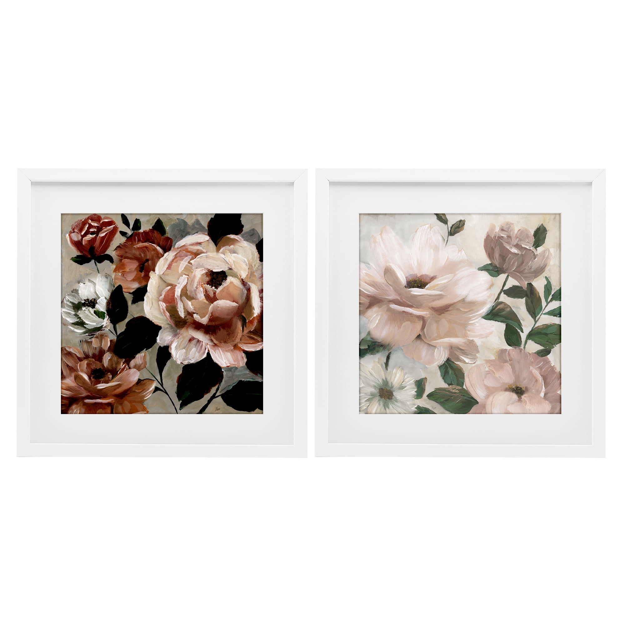 Stupell Industries Elegant Blush Peonies & Leaves 2 Piece White Framed Print Under Glass Set, design by Nan