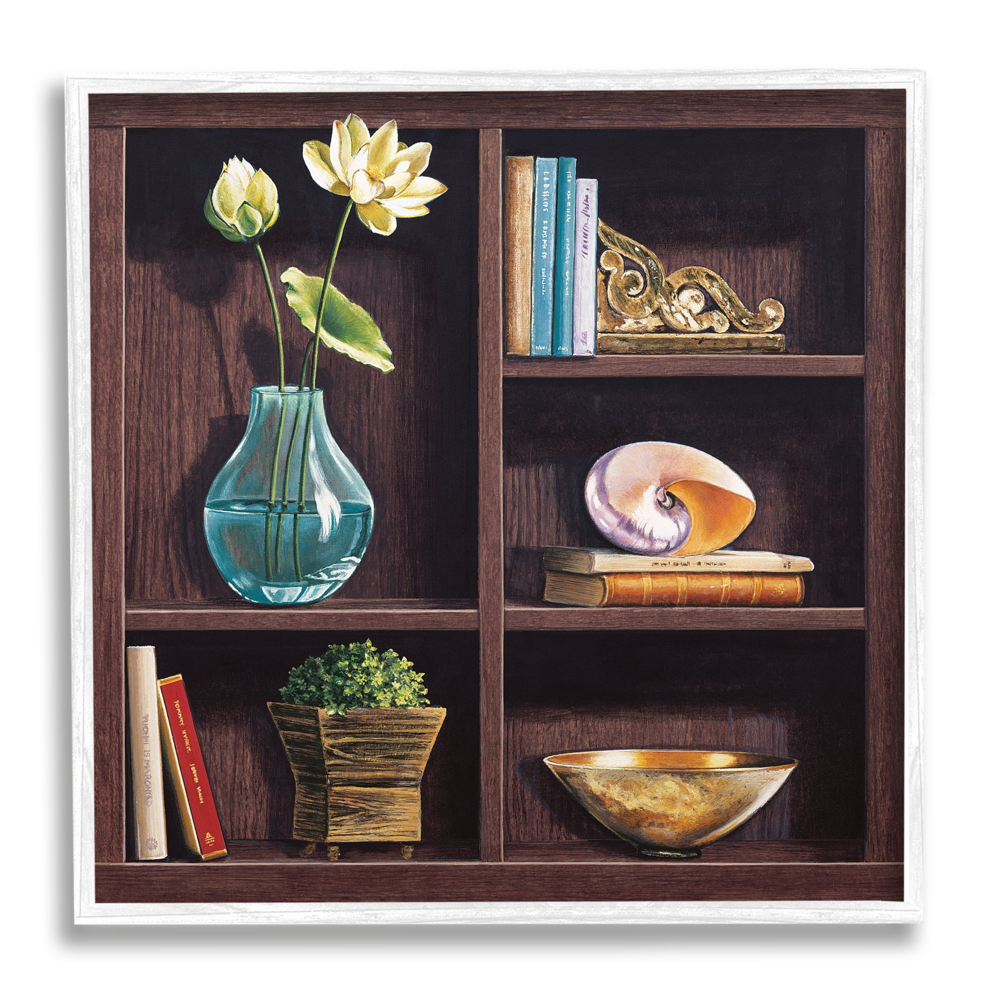 Stupell Industries Elegant Bookshelf Still-Life with Lotus Floral Vase, 12 x 12, Designed by Isabella Rossetti