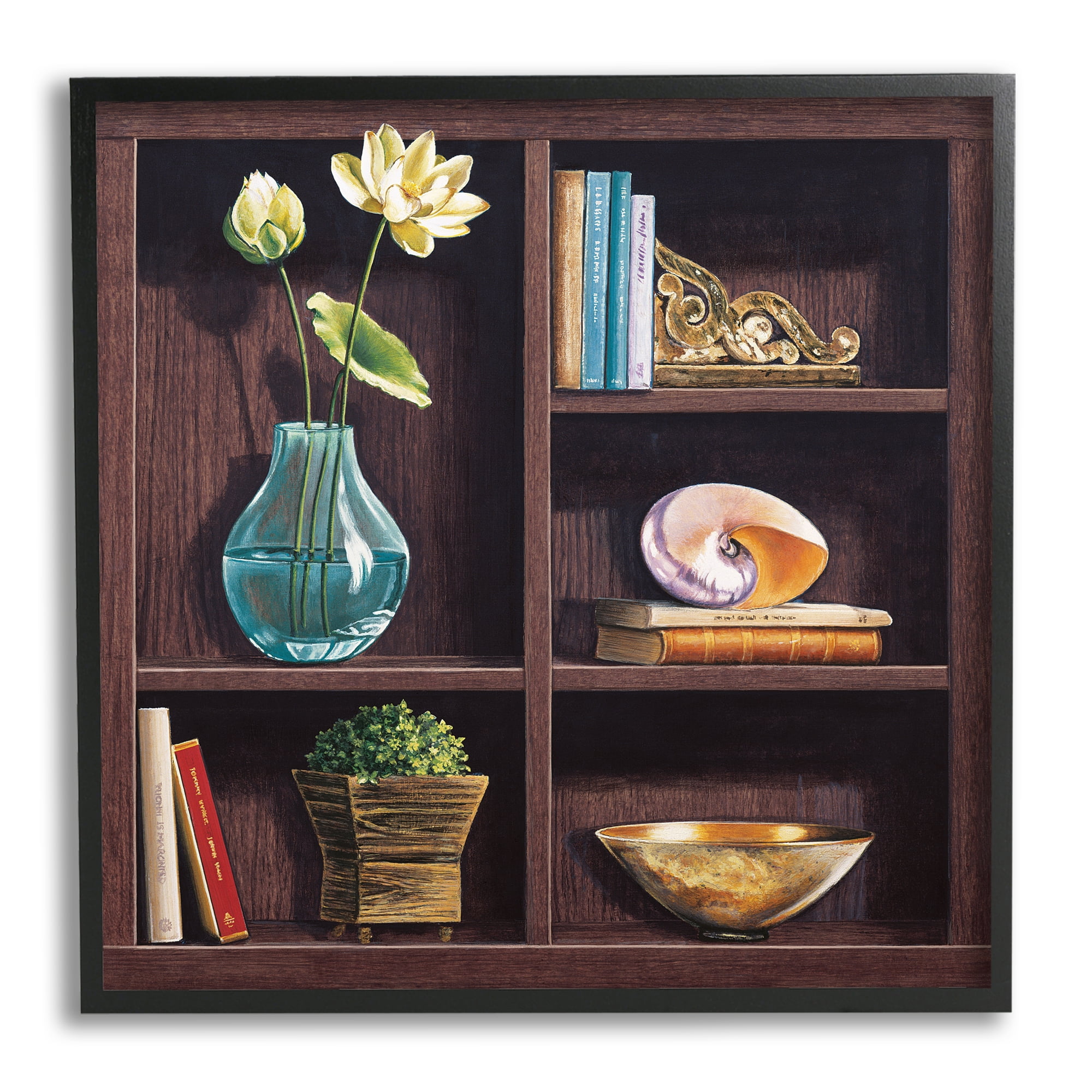 Stupell Industries Elegant Bookshelf Still-Life with Lotus Floral Vase, 24 x 24, Designed by Isabella Rossetti