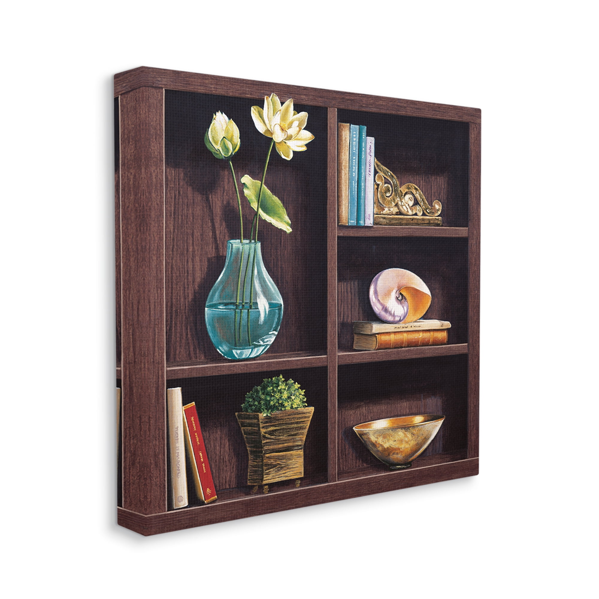 Stupell Industries Elegant Bookshelf Still-Life with Lotus Floral Vase, 24 x 24, Designed by Isabella Rossetti