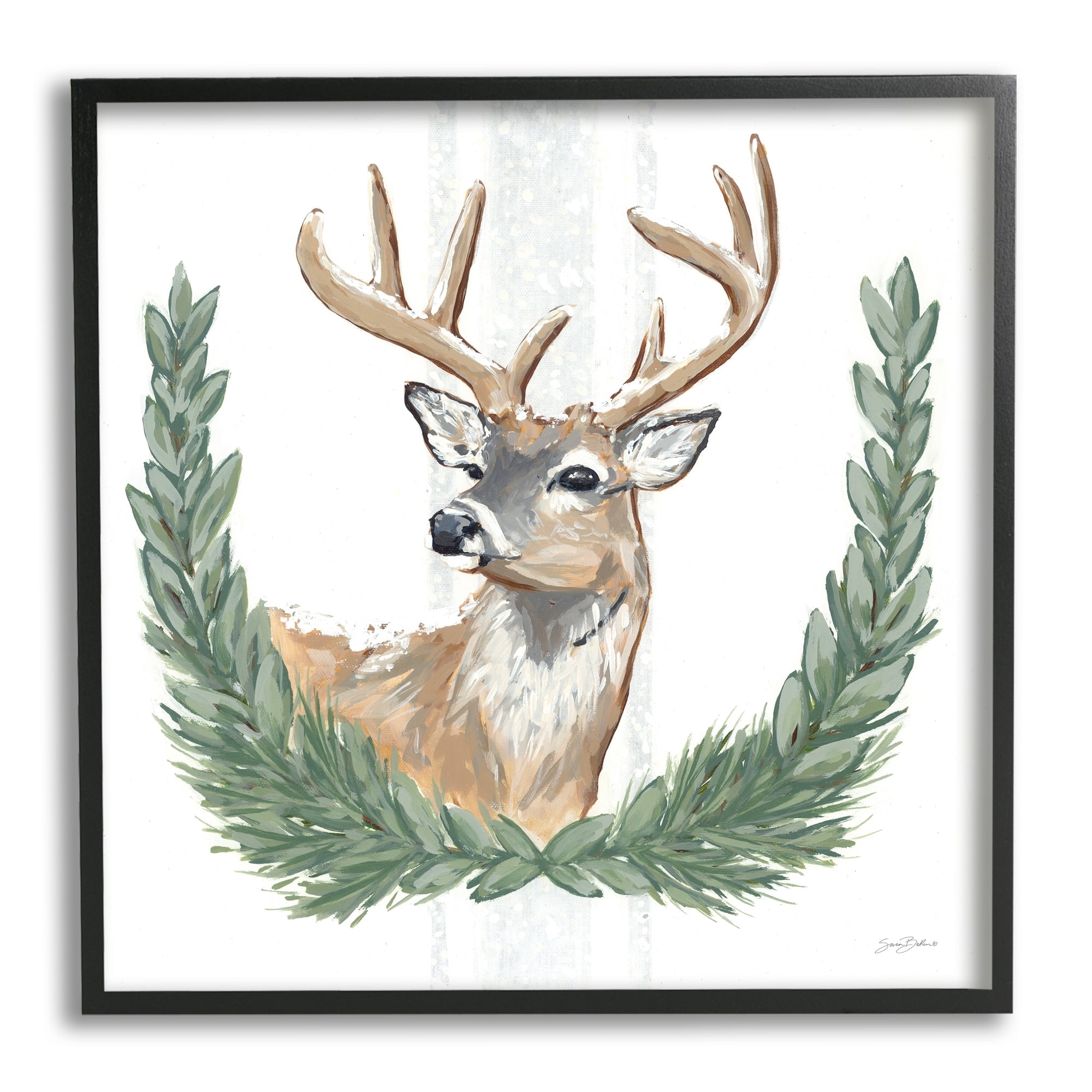 Stupell Industries Elegant Deer Antlers Laurels Portrait White Background Drawings Black Framed Art Print Wall Art, 12x12, by Sara Baker