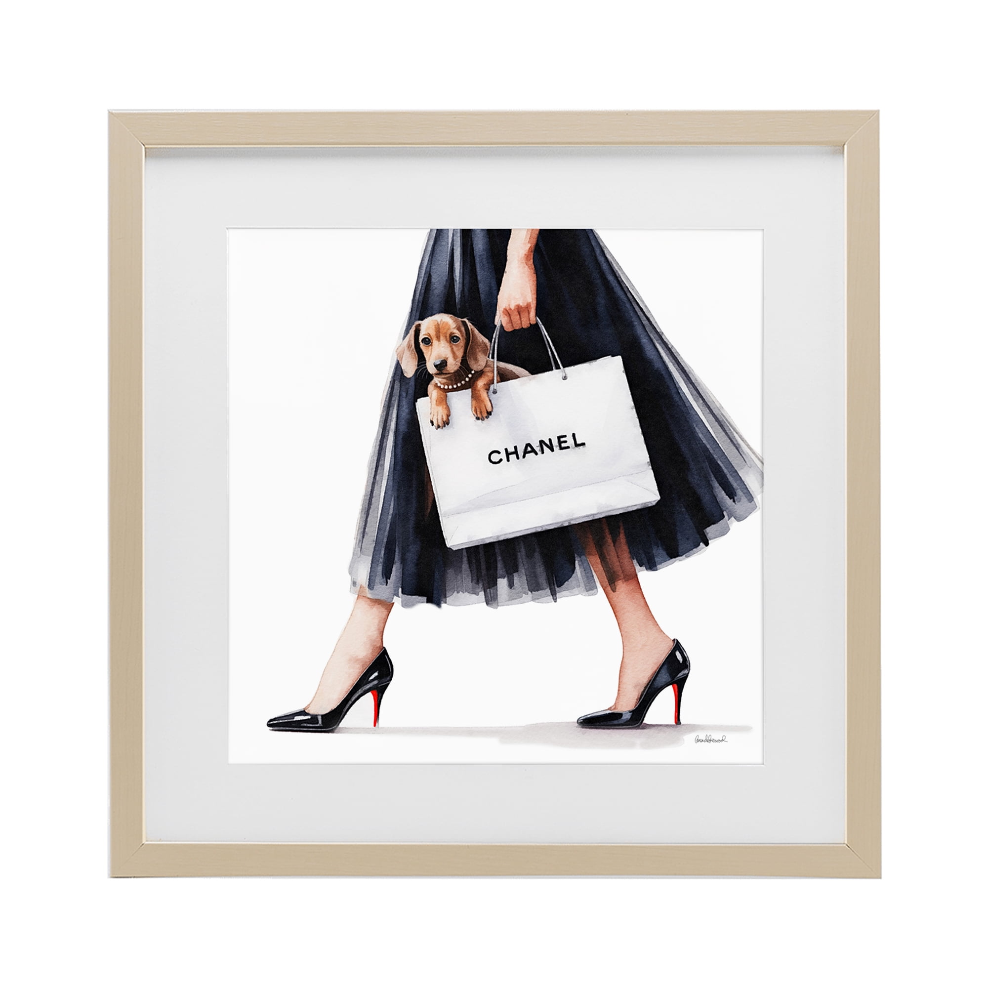 Stupell Industries Elegant Dog & Shopping Bag Birch Framed Print Under Glass, design by Amanda Greenwood