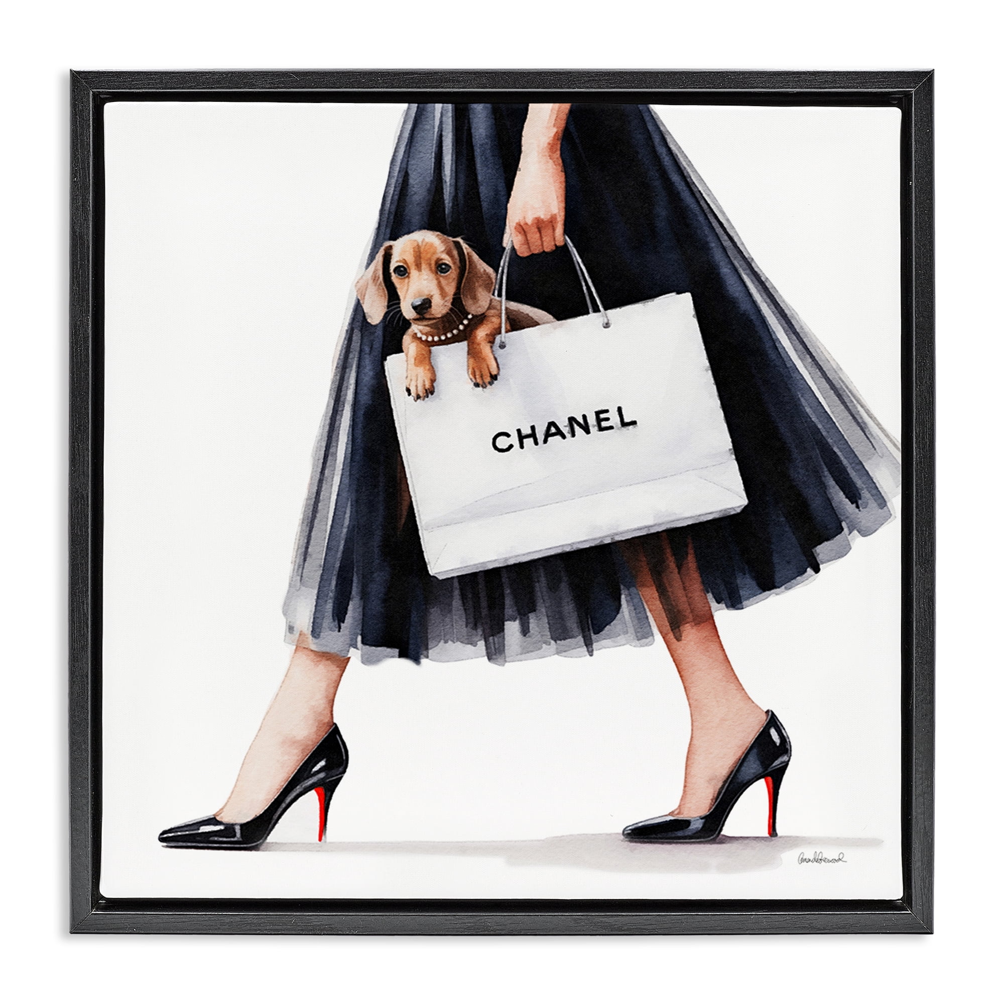 Stupell Industries Elegant Dog & Shopping Bag Black Framed Floater Canvas Wall Art, design by Amanda Greenwood