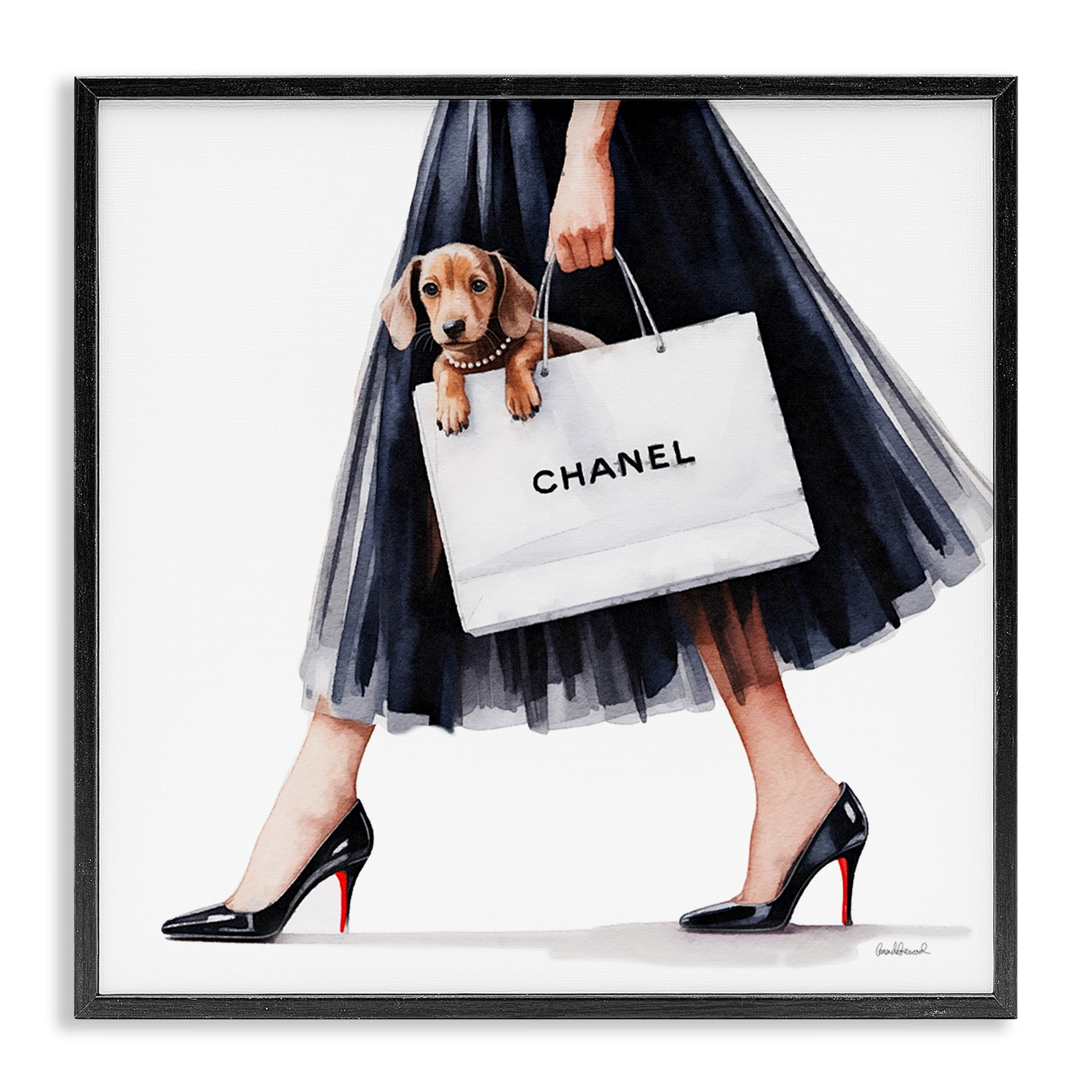 Stupell Industries Elegant Dog & Shopping Bag Black Framed Giclee Art, design by Amanda Greenwood