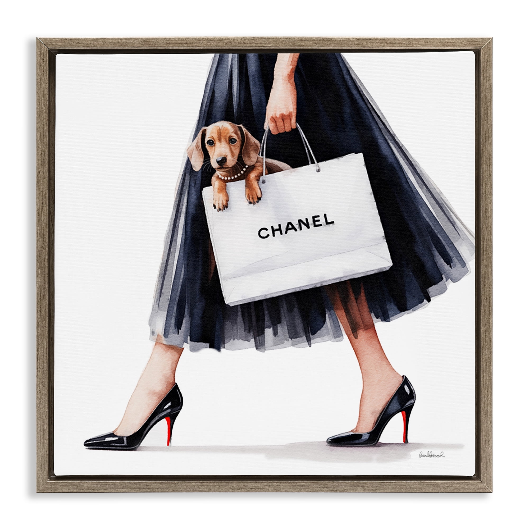 Stupell Industries Elegant Dog & Shopping Bag Brown Framed Floater Canvas Wall Art, design by Amanda Greenwood