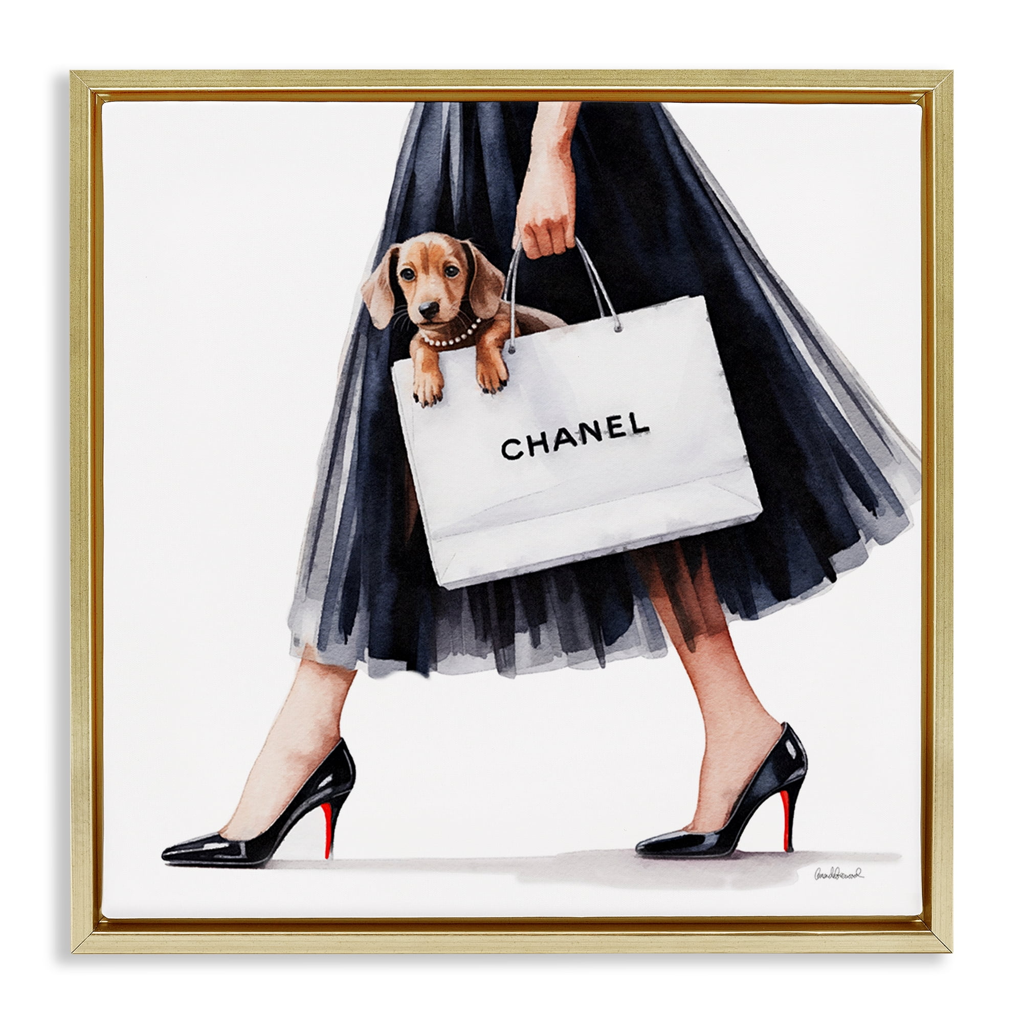 Stupell Industries Elegant Dog & Shopping Bag Gold Framed Floater Canvas Wall Art, design by Amanda Greenwood
