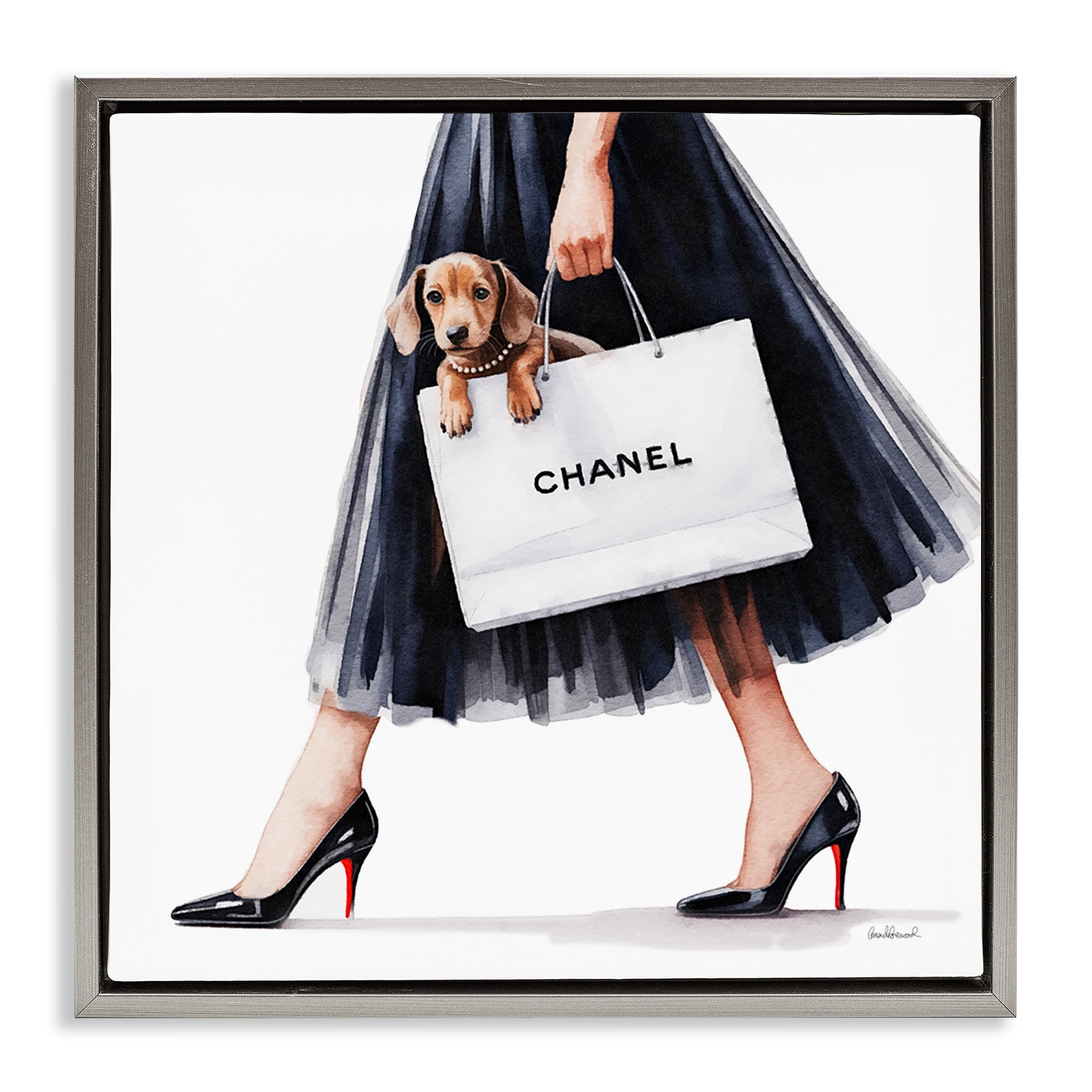 Stupell Industries Elegant Dog & Shopping Bag Gray Framed Floater Canvas Wall Art, design by Amanda Greenwood