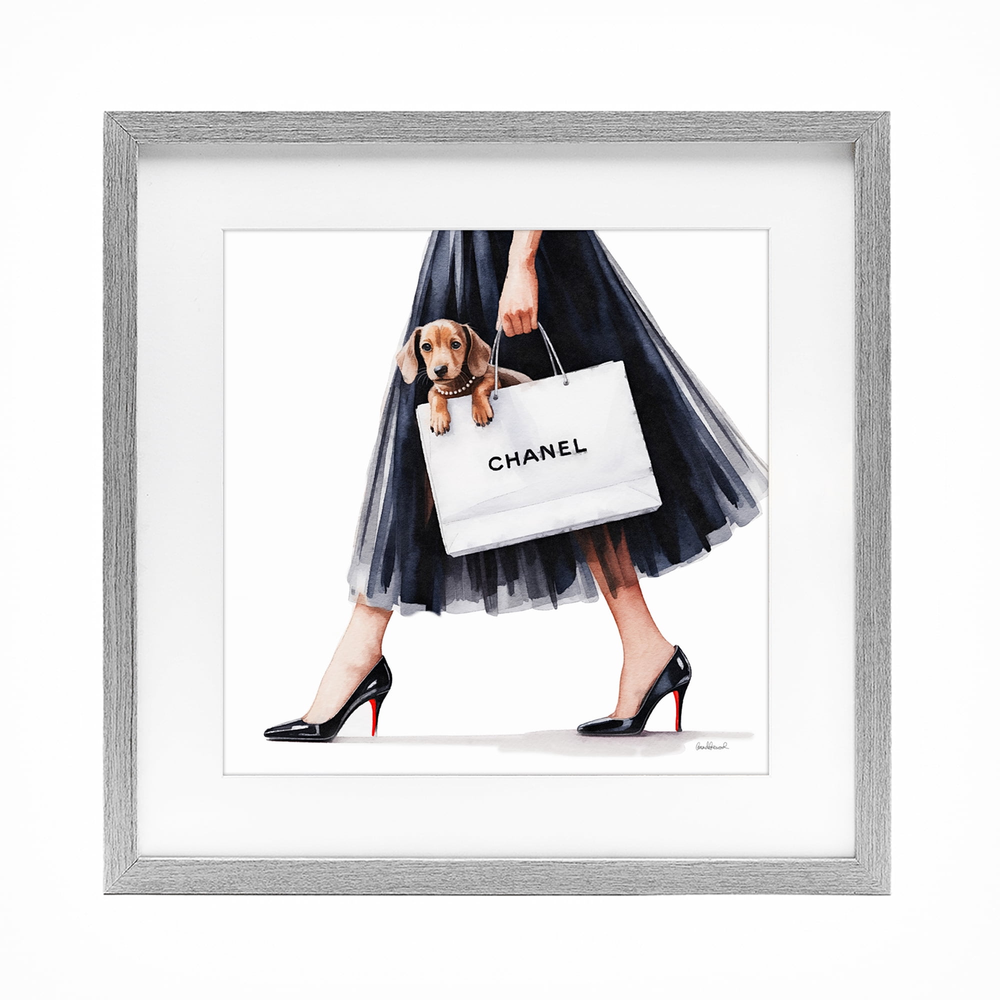 Stupell Industries Elegant Dog & Shopping Bag Gray Framed Print Under Glass, design by Amanda Greenwood