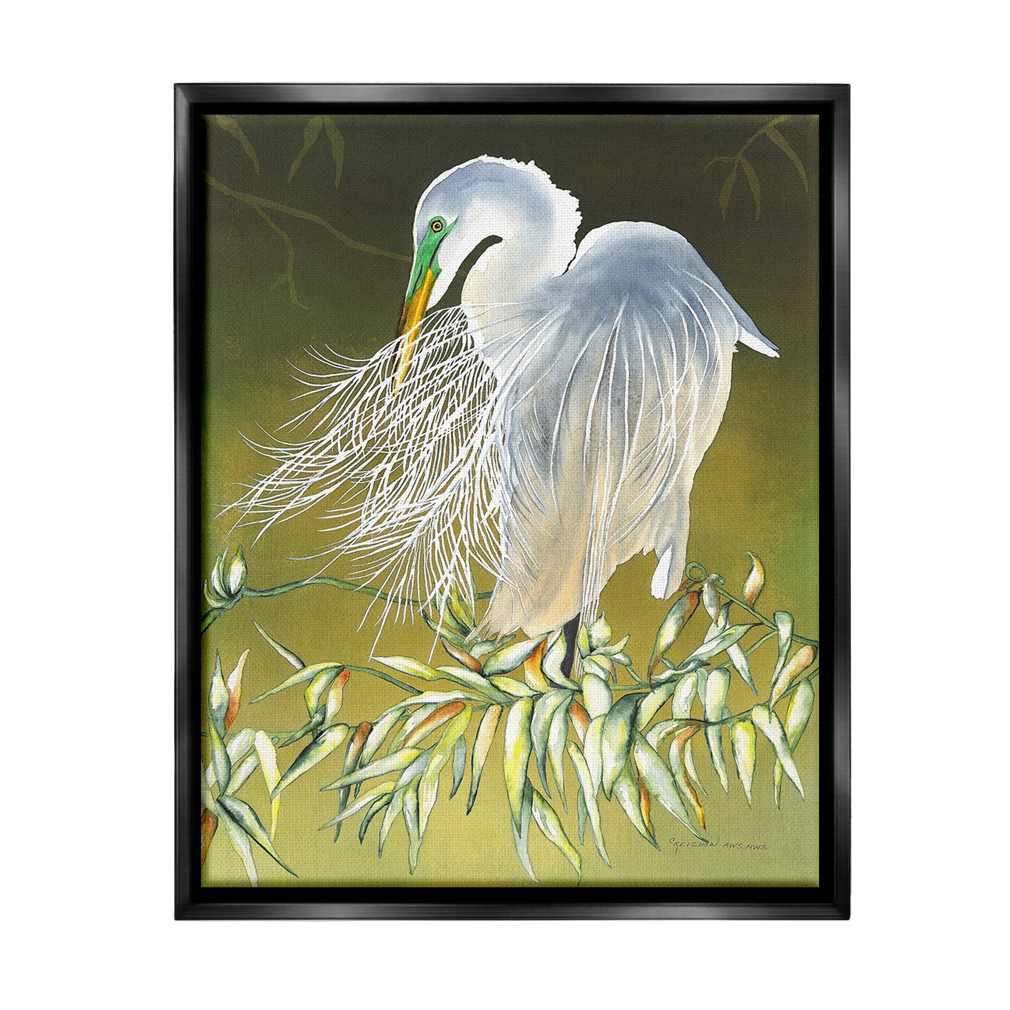 Stupell Industries Elegant Egret Bird Animals & Insects Painting Black Floater Framed Canvas Art Print Wall Art, 25 x 31