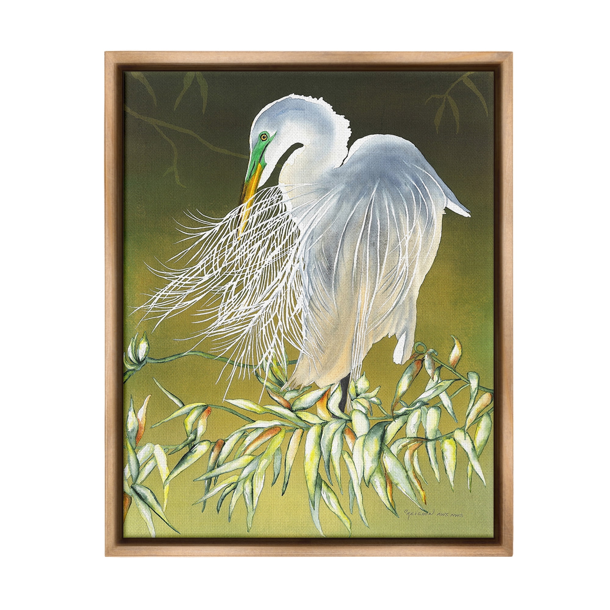 Stupell Industries Elegant Egret Bird Animals & Insects Painting Brown Floater Framed Canvas Art Print Wall Art, 17 x 21