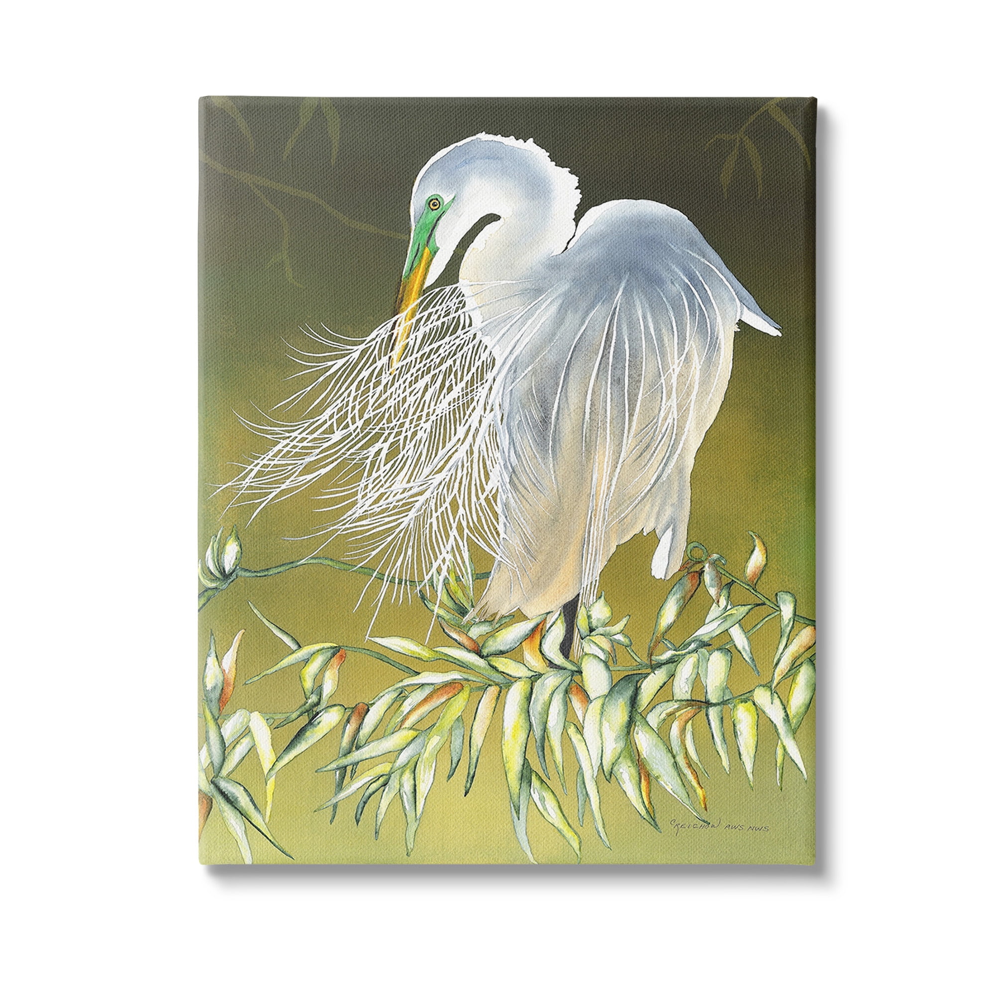Stupell Industries Elegant Egret Bird Animals & Insects Painting Gallery Wrapped Canvas Art Print Wall Art, 30 x 40