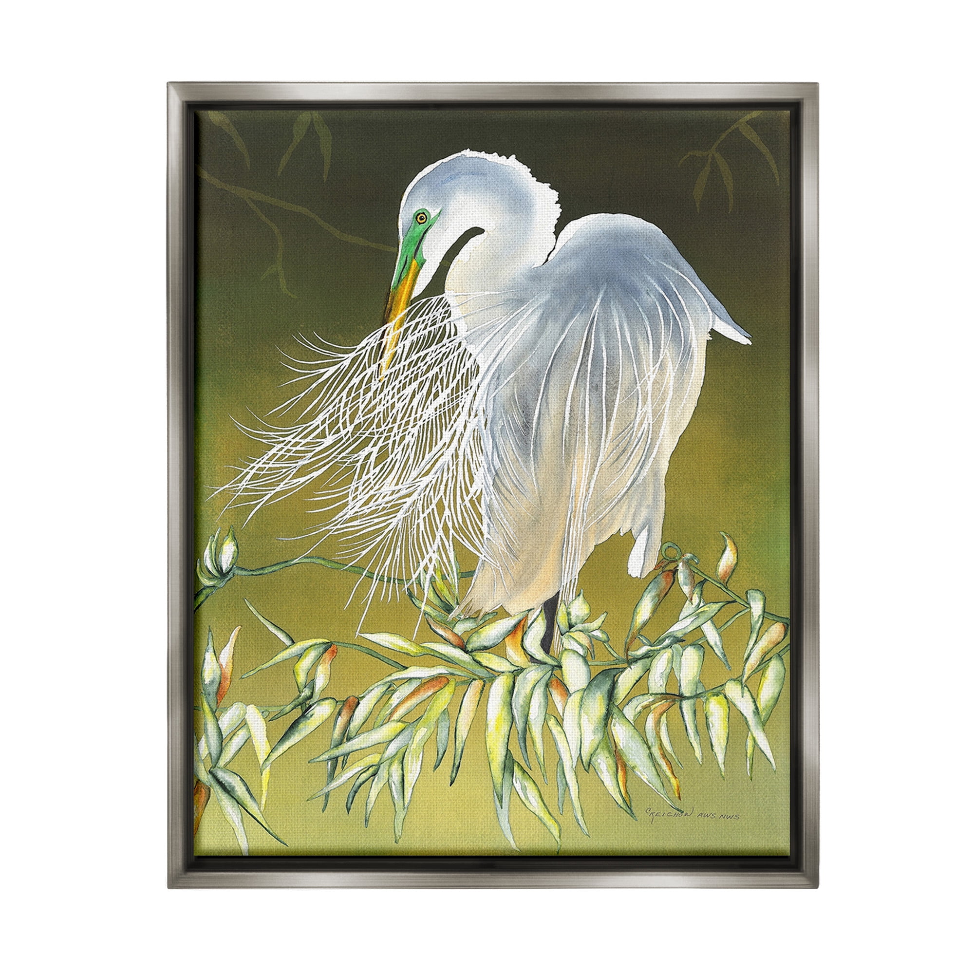 Stupell Industries Elegant Egret Bird Animals & Insects Painting Gray Floater Framed Canvas Art Print Wall Art, 17 x 21