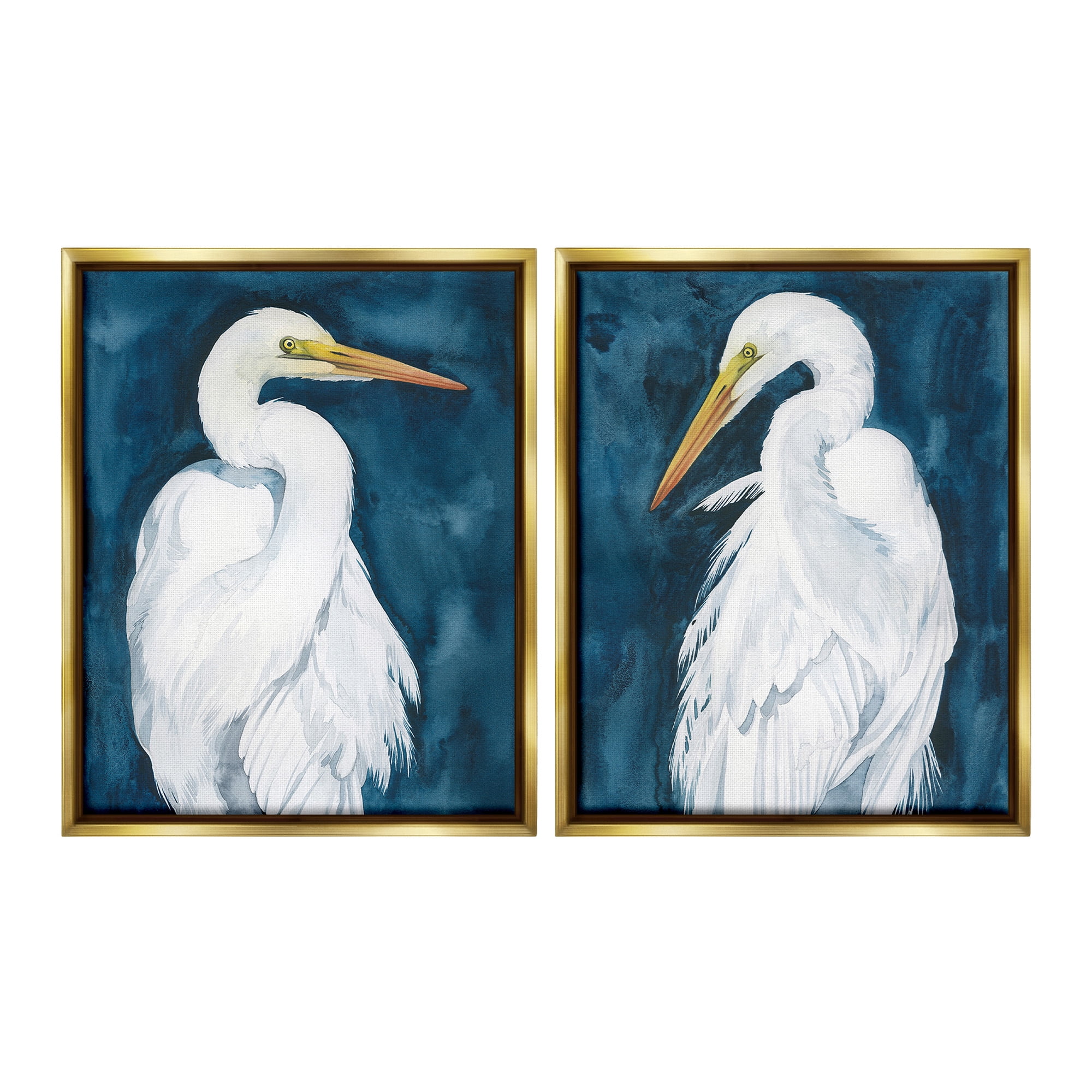 Stupell Industries Elegant Egrets on Blue Animals & Insects Painting Gold Floater Framed Canvas Art Print Wall Art, 17 x 21, Set of 2