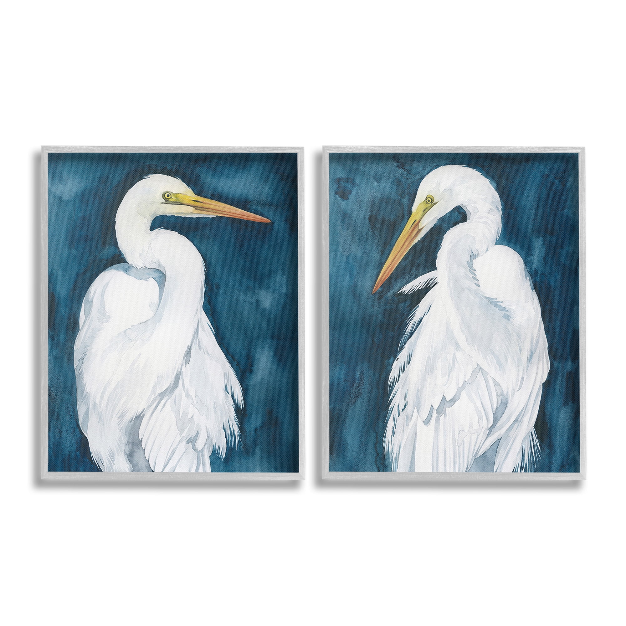 Stupell Industries Elegant Egrets on Blue Animals & Insects Painting Gray Framed Art Print Wall Art, 24 x 30, Set of 2