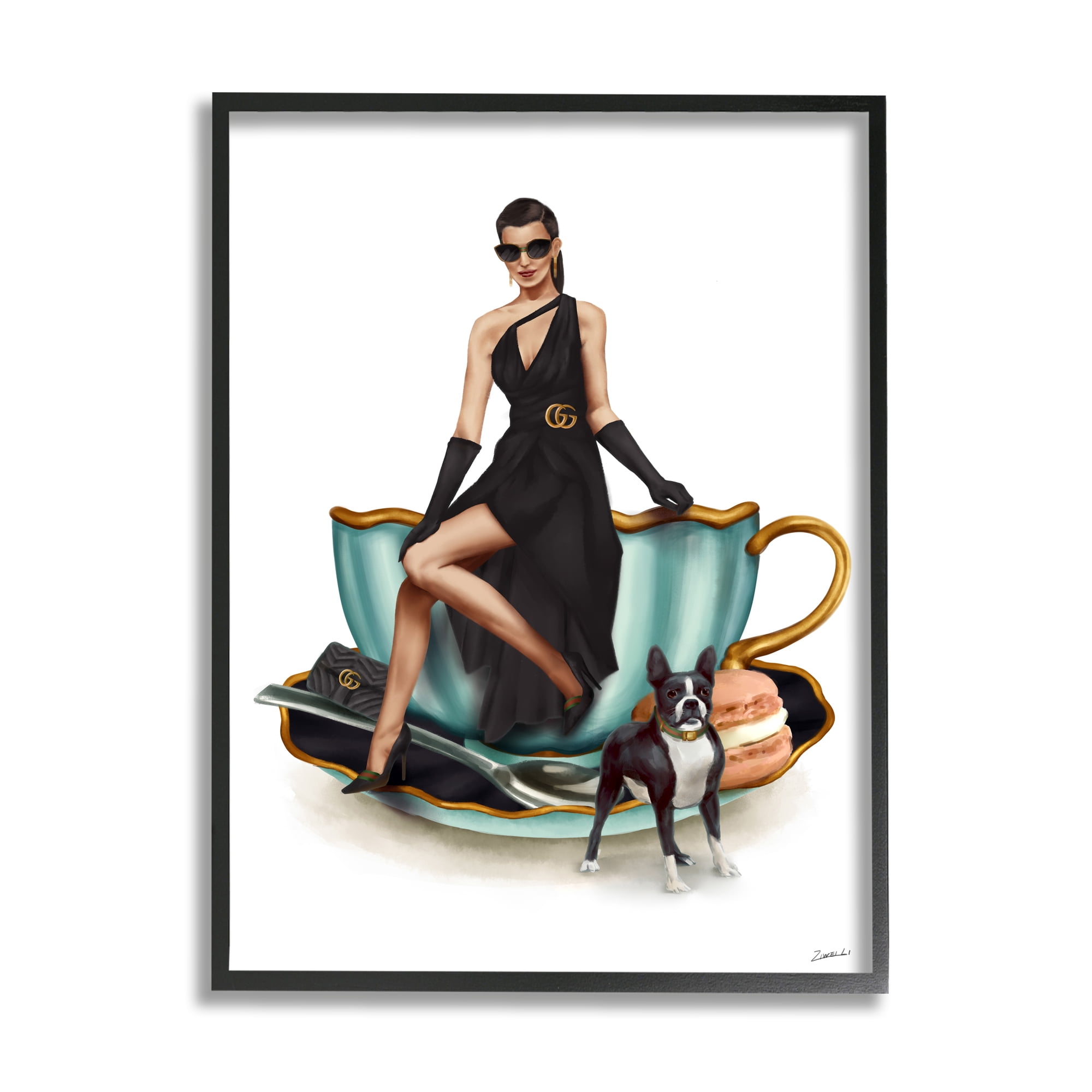 Stupell Industries Elegant Fashion Female Turquoise Tea Cup Food & Beverage Painting Black Framed Art Print Wall Art, 11 x 14