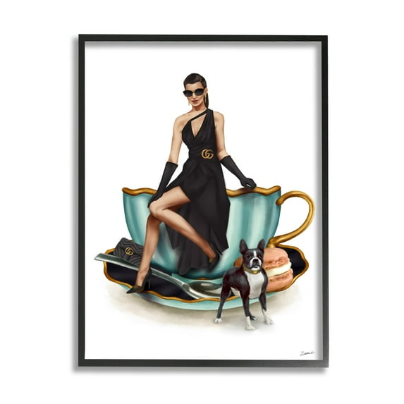 Stupell Industries Elegant Fashion Female Turquoise Tea Cup Food & Beverage Painting Black Framed Art Print Wall Art, 16 x 20